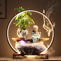 Tabletop Fountain with LED Light, Cwaterfall for Desk with Solid Wood Base & Water Storage Basin, Chinese Zen-Inspired Flowing Water Ornament for Office Living Room(H)
