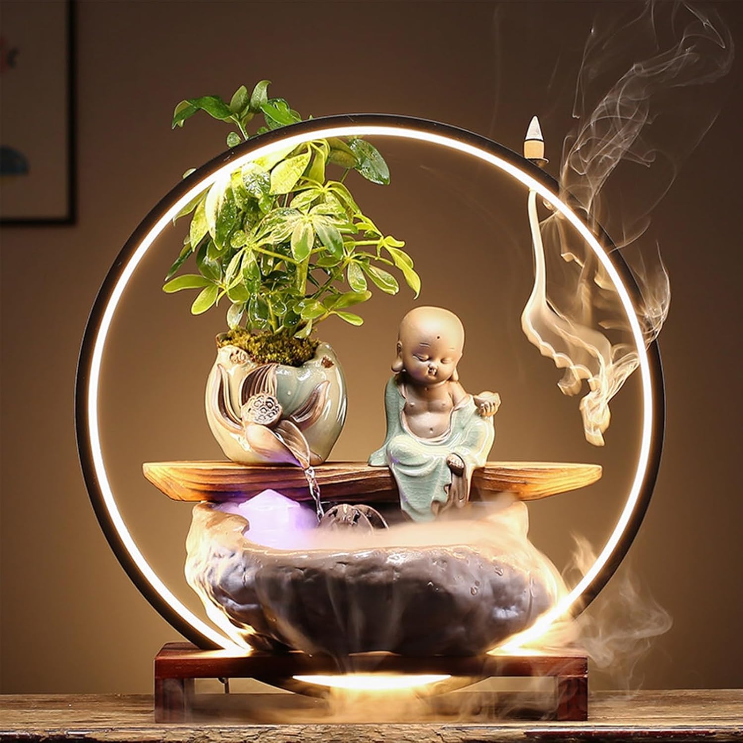 Tabletop Fountain with LED Light, Cwaterfall for Desk with Solid Wood Base & Water Storage Basin, Chinese Zen-Inspired Flowing Water Ornament for Office Living Room(H)