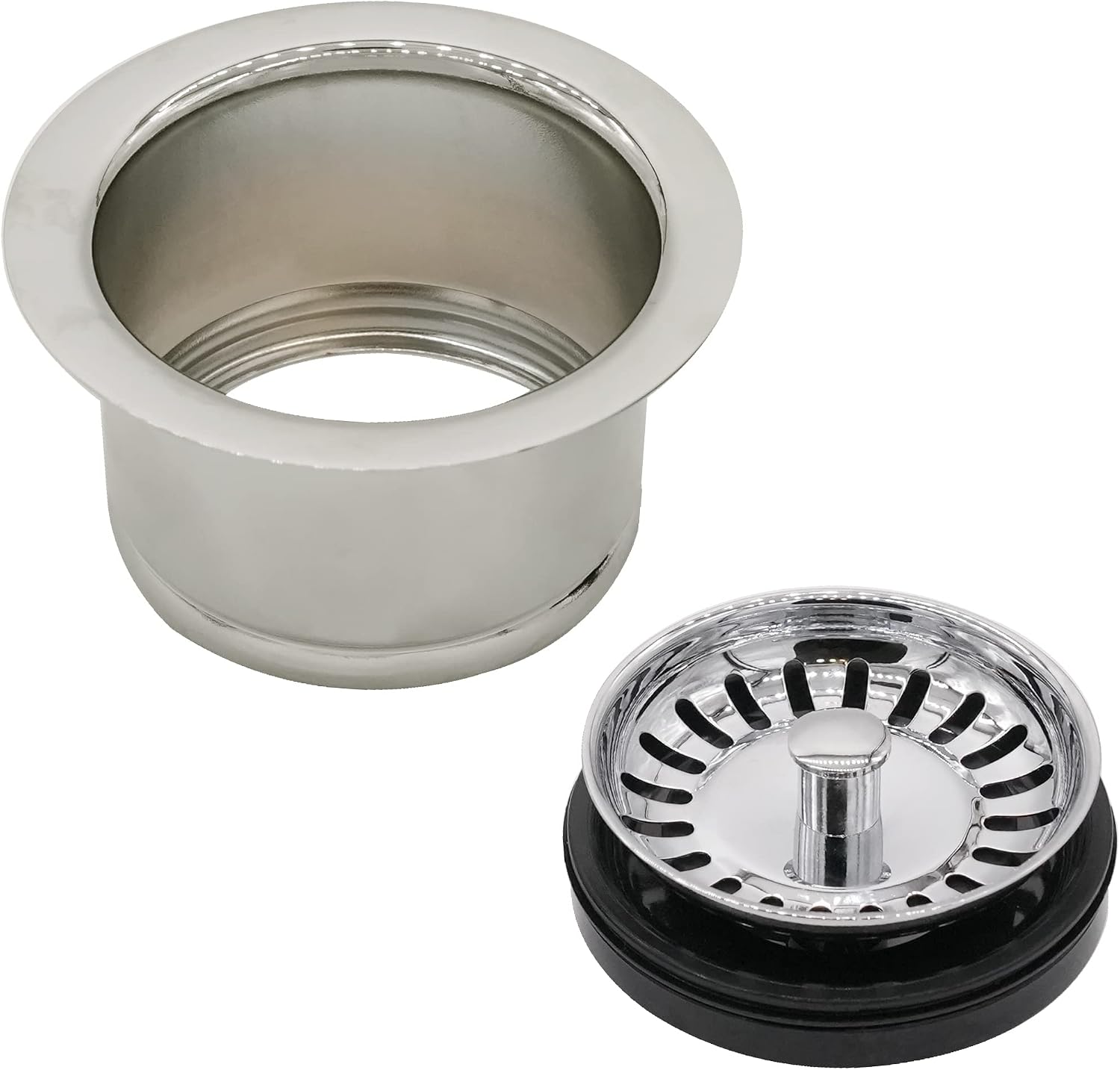 Westbrass CO2196S-05 COMBO PACK 3-1/2' Post Style Large Kitchen Sink Basket Strainer and Extra-Deep Collar Kitchen Sink Waste Disposal Flange with Strainer Stopper, Polished Nickel