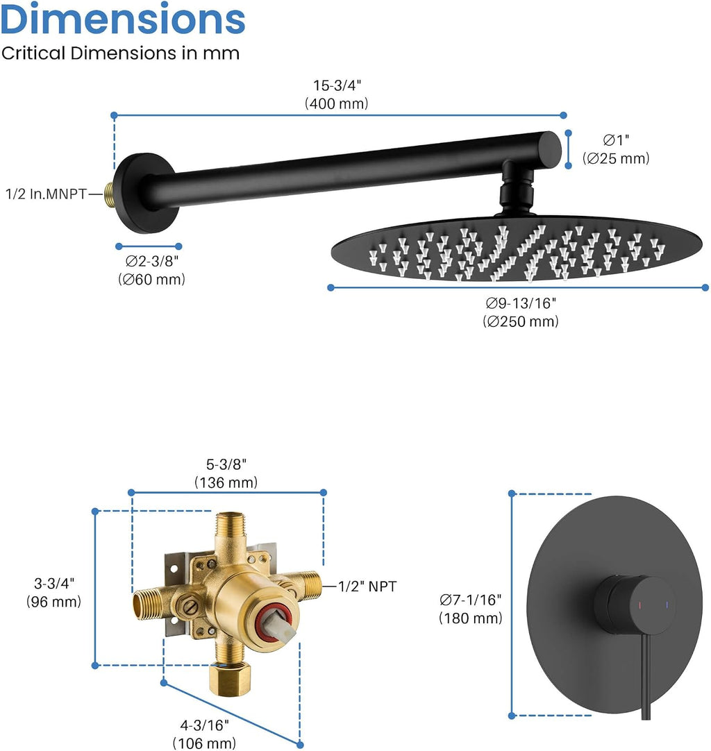 KIBI Circular Shower System for Bathroom | Wall Mounted Single Function Shower Faucet Set with Solid Brass Pressure-Balanced Valve for Consistent Water Flow | Matte Black, KSF407