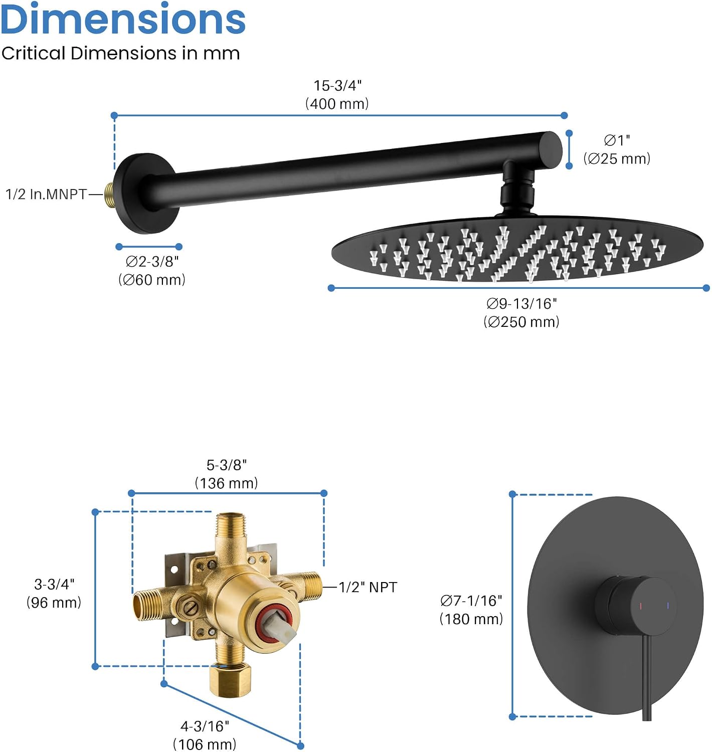 KIBI Circular Shower System for Bathroom | Wall Mounted Single Function Shower Faucet Set with Solid Brass Pressure-Balanced Valve for Consistent Water Flow | Matte Black, KSF407