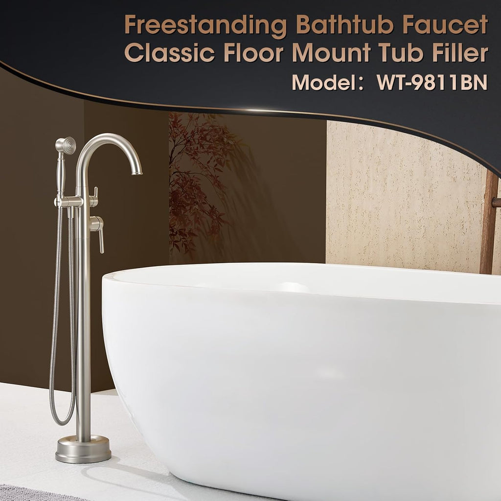 Brushed Nickel Freestanding Bathtub Faucet,Brass Floor Mount Tub Faucet High Flow Max 6.6GPM/60PSI with Hand Shower