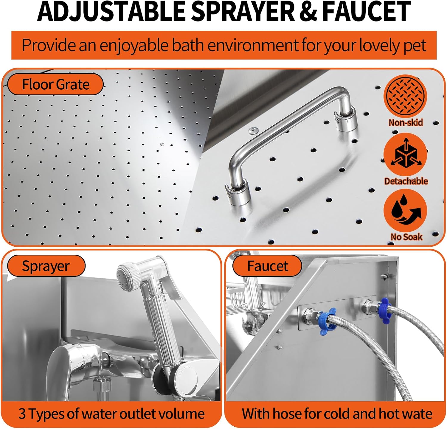 Dog Grooming Tub, 38' L Pet Wash Station, Professional Stainless Steel Pet Grooming Tub with Ramp, Faucet, Sprayer, and Drain Kit,R-Door