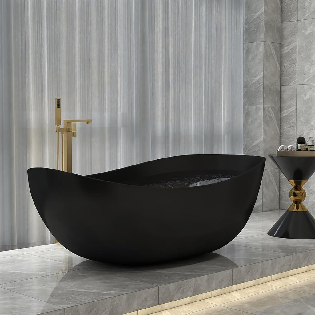 Freestanding 71 Inch Oval Bathtub Stone Resin Soaking Bathtub with Center Drain (Black)
