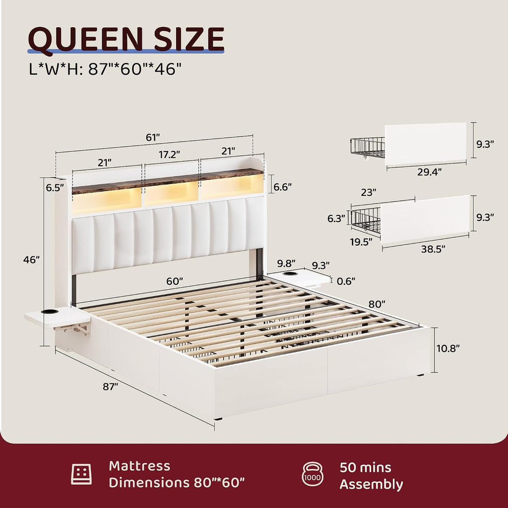 BRELTAM Queen Bed Frame with Headboard,4 Storage Drawers,and Built-in Adjustable Desk,Charging Station,Easy Assembly,No Box Spring Needed,White