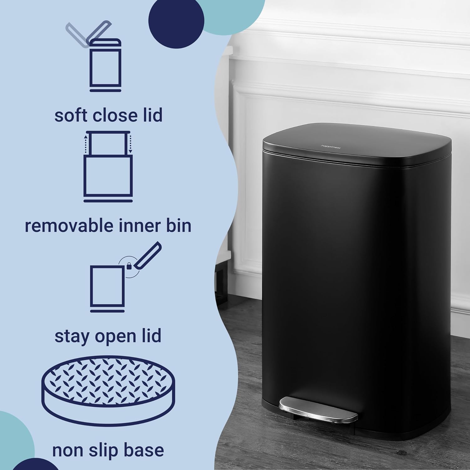 happimess HPM1006B Connor Rectangular 13-Gallon Trash Can with Soft-Close Lid and Free Mini Trash Can, Fingerprint Resistant, Modern, Minimalistic for Home, Kitchen, Office, Bathroom, Black