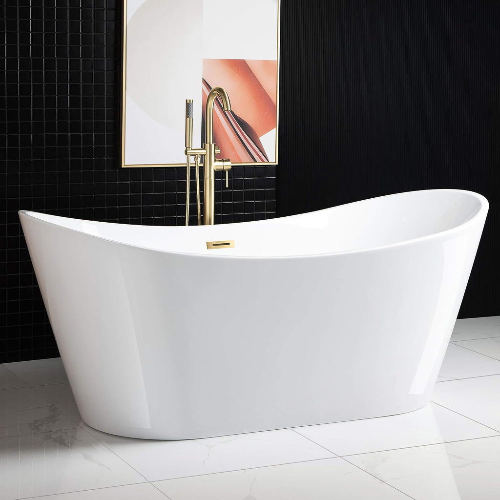 WOODBRIDGE 71'Freestanding White Acylic Soaking Bathtub with Brushed Gold Drain and Overflow,BTA1517 -BG-Drain &O