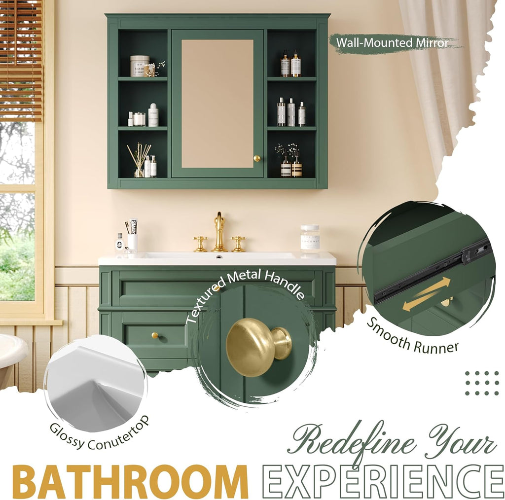 Merax 36'' Bathroom Vanity with Medicine Cabinet, Royal Blue Mirror Cabinet, Modern Bathroom Storage Cabinet with 2 Soft Closing Doors and 4 Drawers,Green