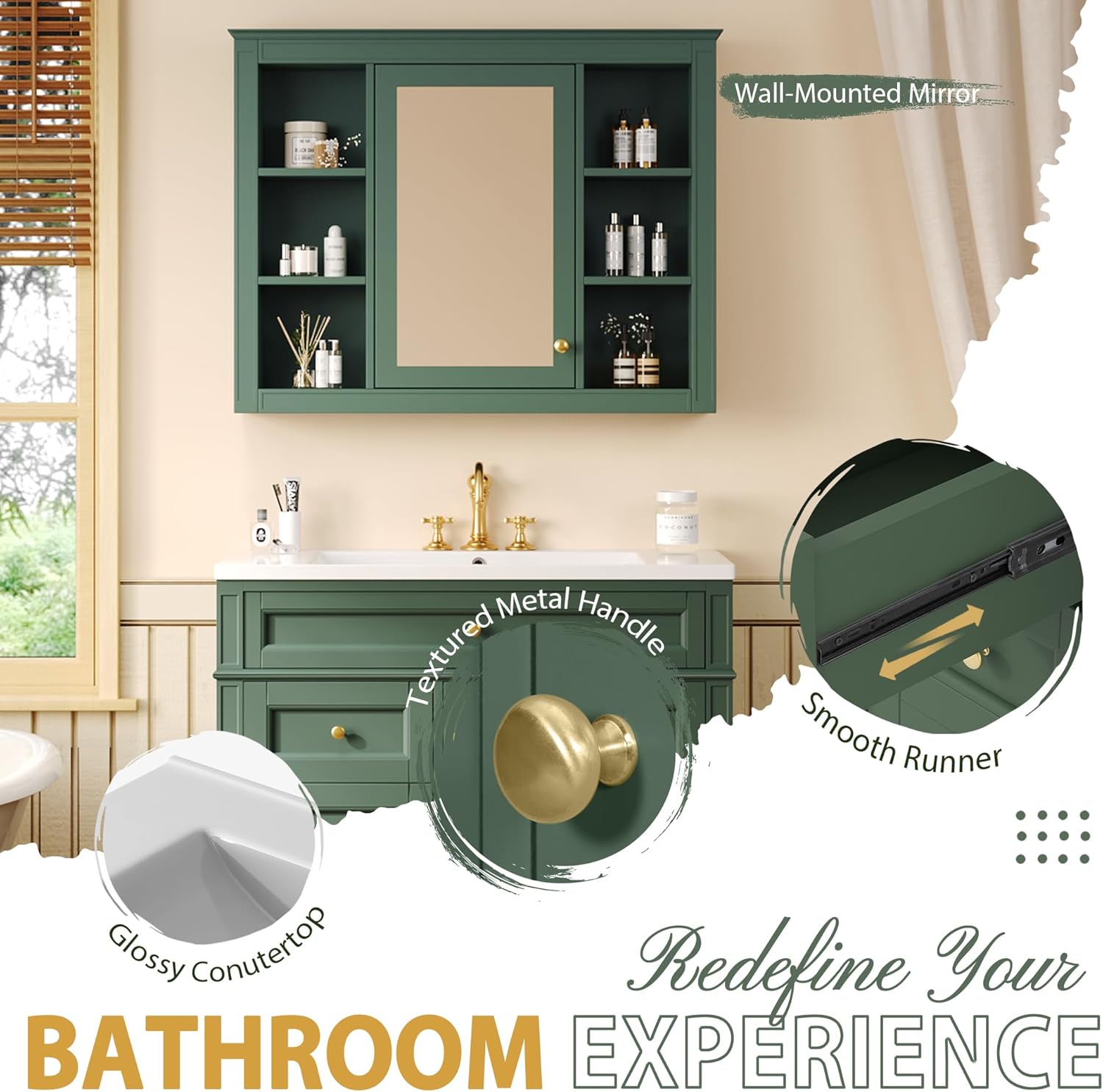 Merax 36'' Bathroom Vanity with Medicine Cabinet, Royal Blue Mirror Cabinet, Modern Bathroom Storage Cabinet with 2 Soft Closing Doors and 4 Drawers,Green