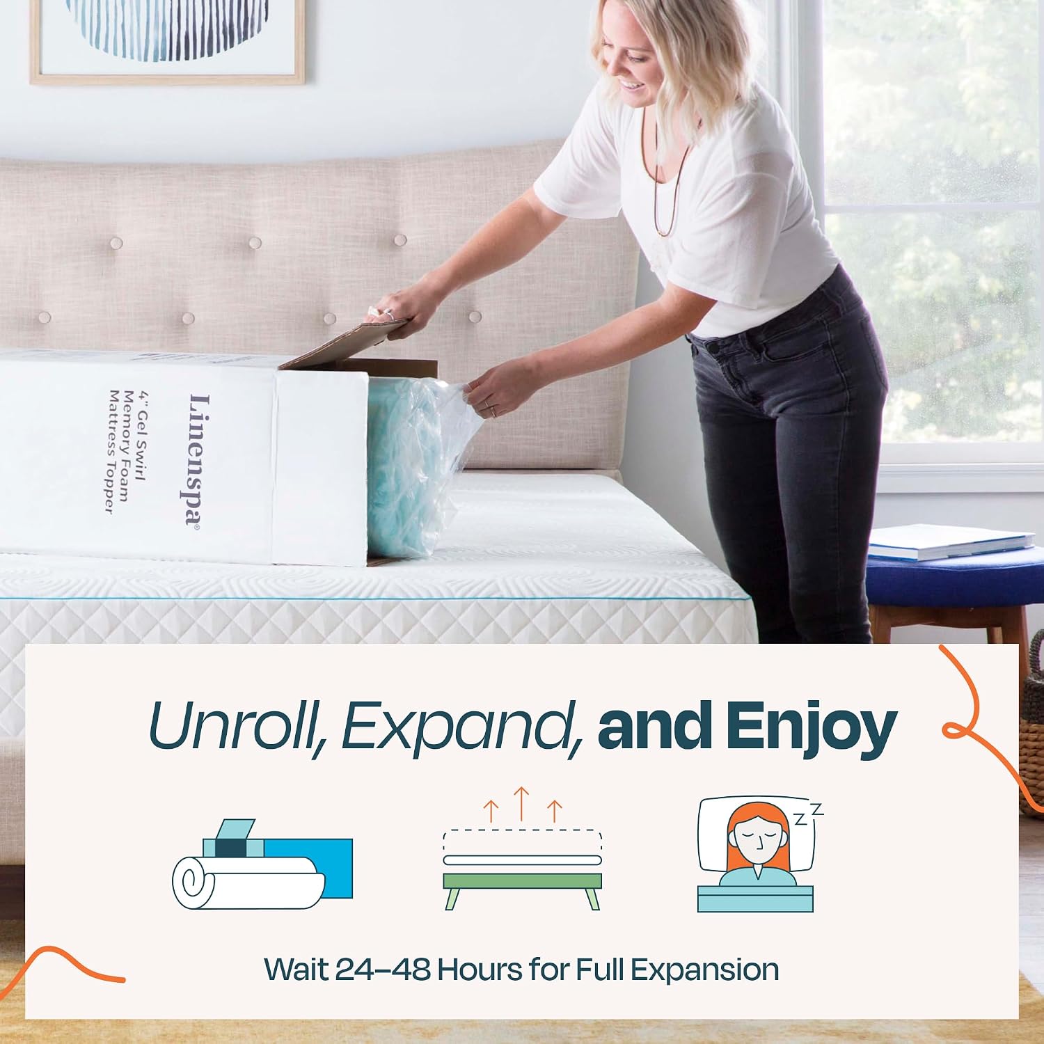 Linenspa 3 Inch Swirl Gel Memory Foam Mattress Topper, Full Size – Cooling Gel Infused, Ventilation Holes – Pressure Relieving Bed Topper – CertiPUR Certified