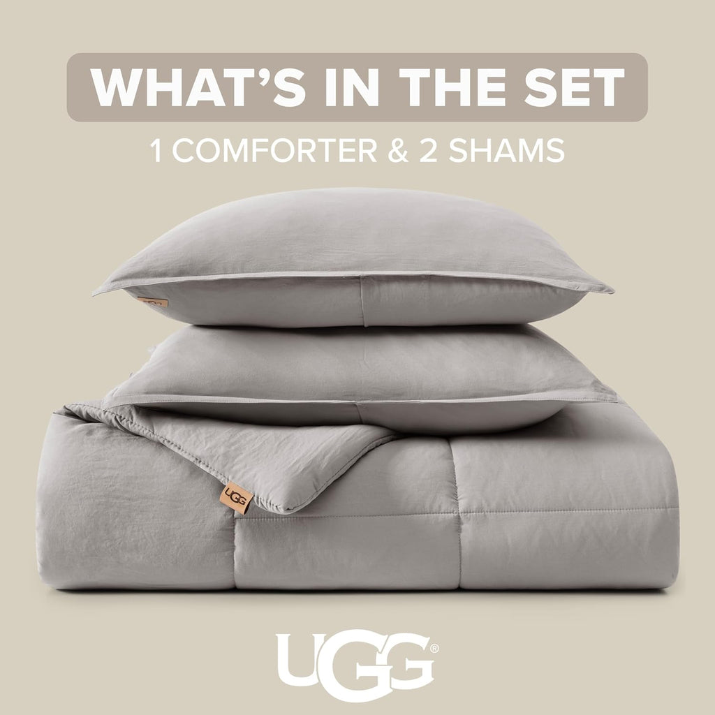 UGG Leonora Comforter Set with 2 Pillow Shams Lightweight Down Alternative Blanket Reversible Cozy Warm All Season Washable and Hypoallergenic Bedding Set, Full/Queen, Light Grey