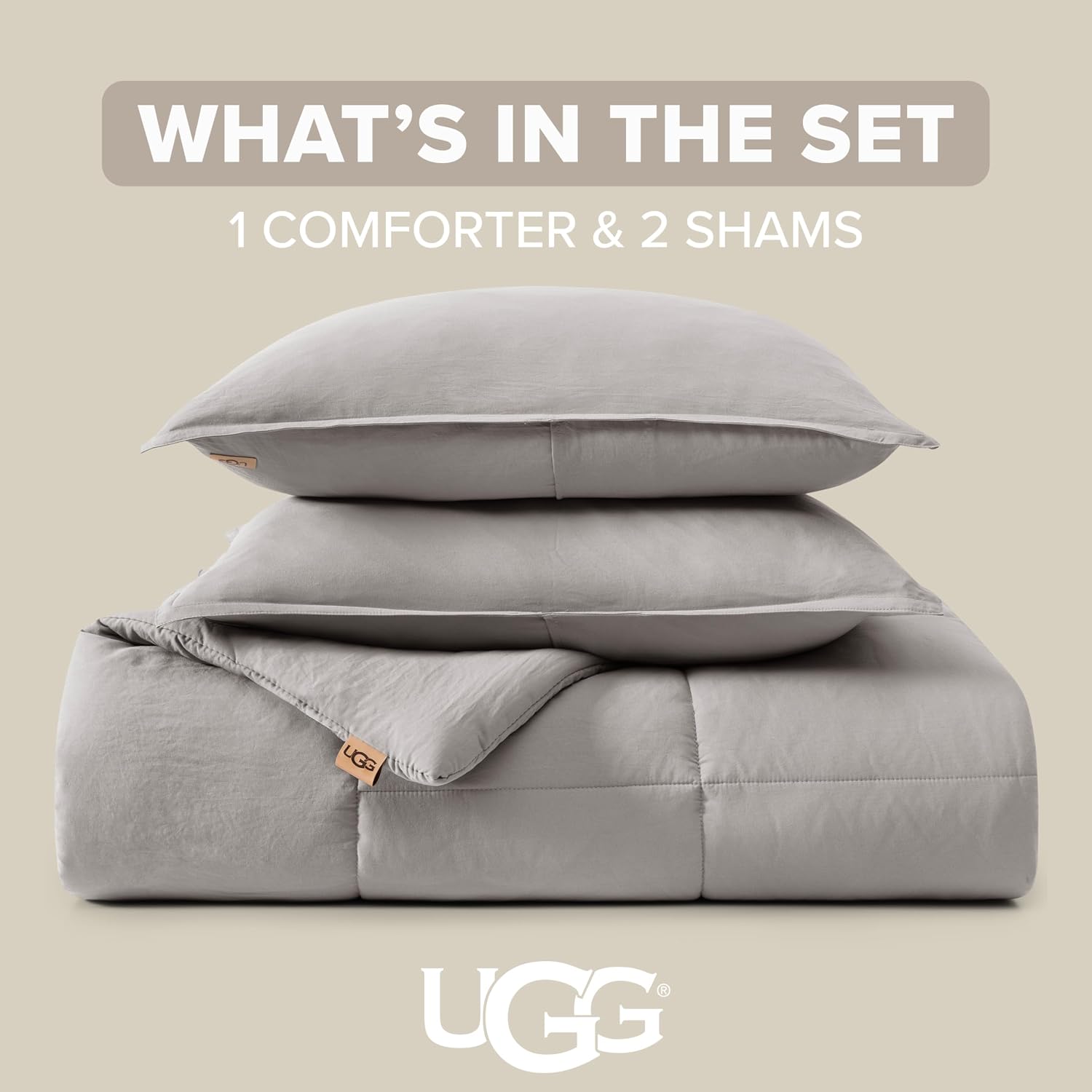 UGG Leonora Comforter Set with 2 Pillow Shams Lightweight Down Alternative Blanket Reversible Cozy Warm All Season Washable and Hypoallergenic Bedding Set, Full/Queen, Light Grey