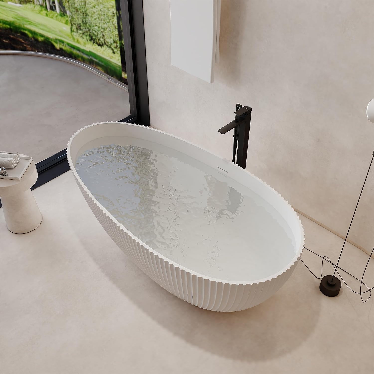 67 Inch Egg-Shape Solid Surface Free Standing Tub Matte White Stone Resin Soaking Tub Featuring 14.37 Inches Soaking Depth, 78 Gallons Water Capacity