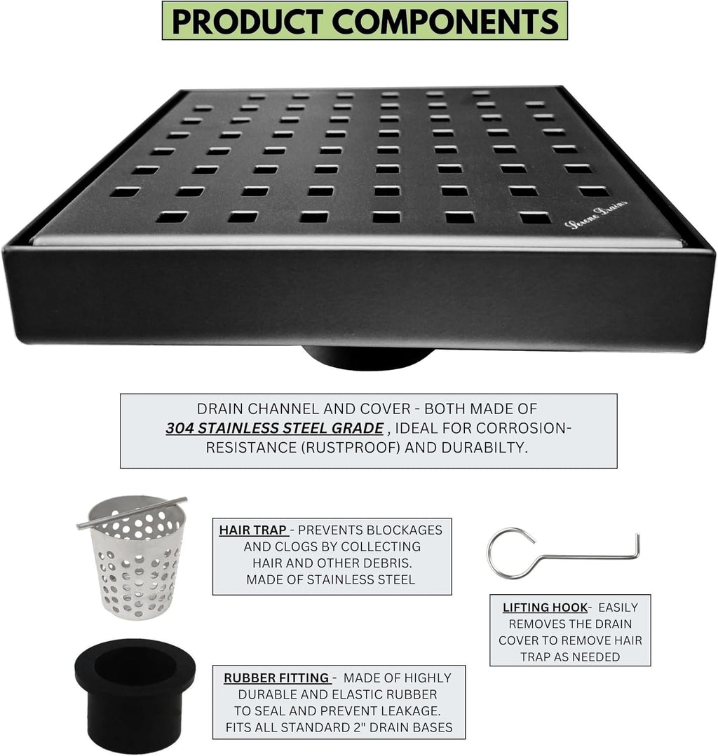 SereneDrains 304 Stainless Steel 6 Inch Square Matte Black Shower Drain Kit for Tile Floor Drain Grate Cover Hair Catcher Trap Strainer Filter (Matte Black, Traditional Square Design)