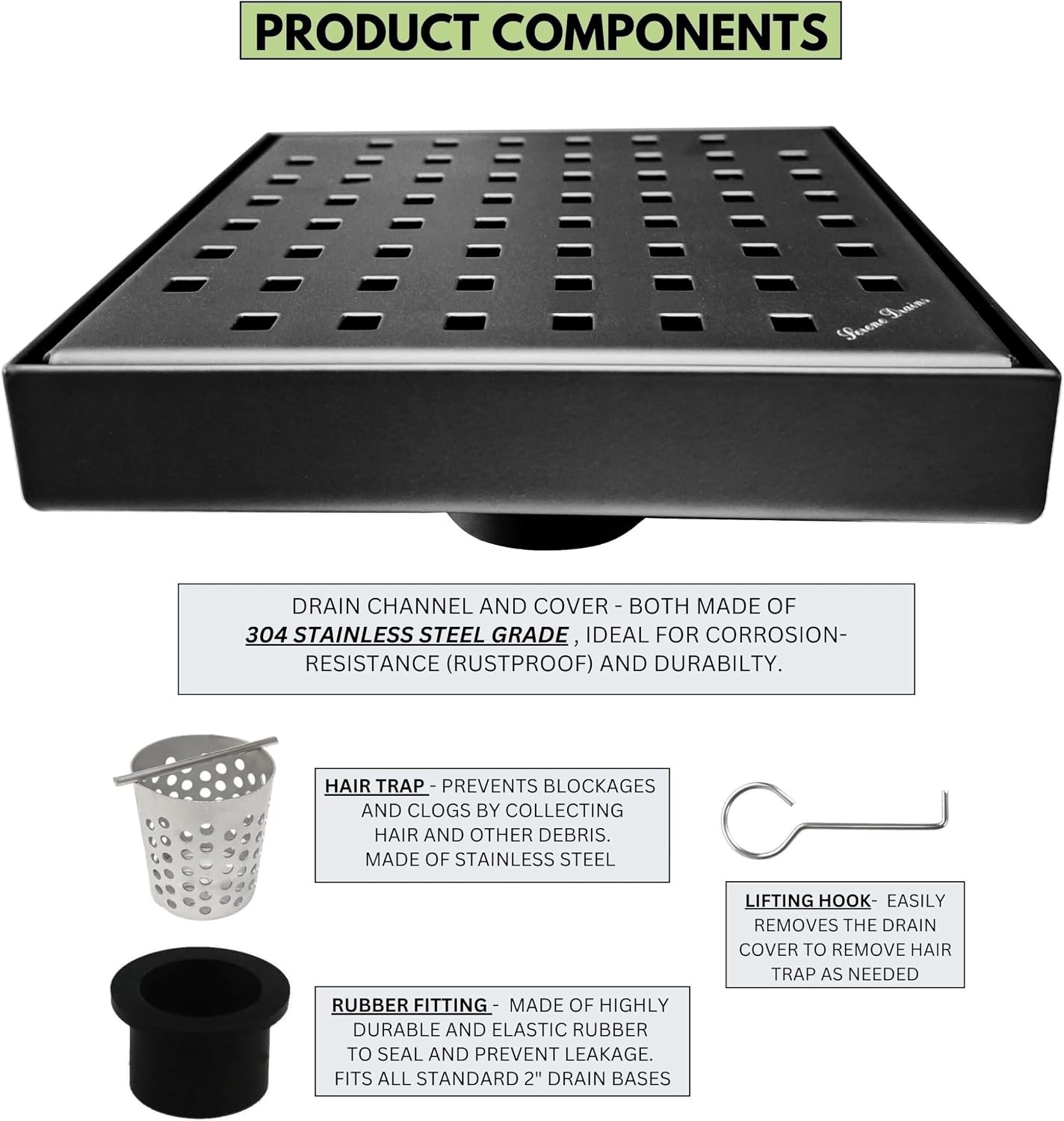 SereneDrains 304 Stainless Steel 6 Inch Square Matte Black Shower Drain Kit for Tile Floor Drain Grate Cover Hair Catcher Trap Strainer Filter (Matte Black, Traditional Square Design)