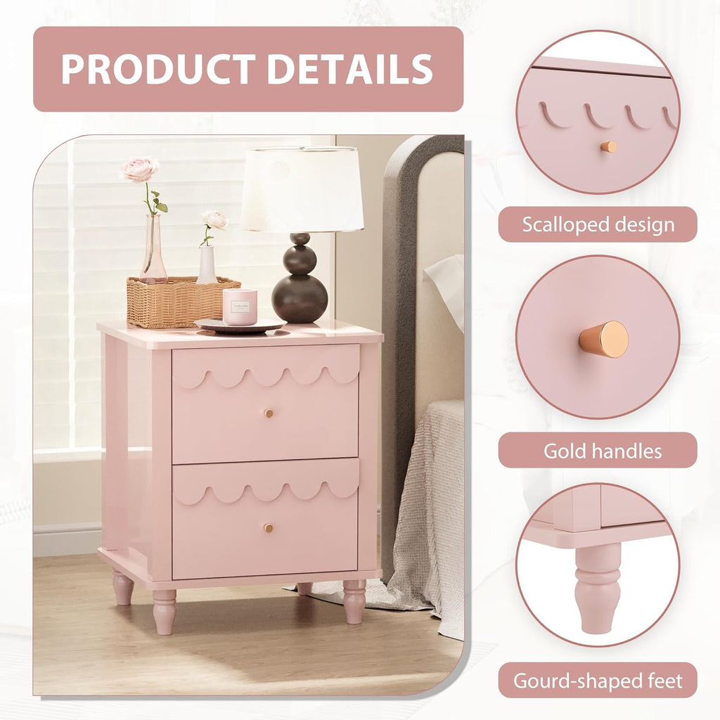 Anbuy Bedroom Sets Scalloped 6 Drawer Dresser and Night Stand Sets for Bedroom, Two Drawers Nightstand & 6 Drawer Dresser Combo 2 Pieces (Pink)
