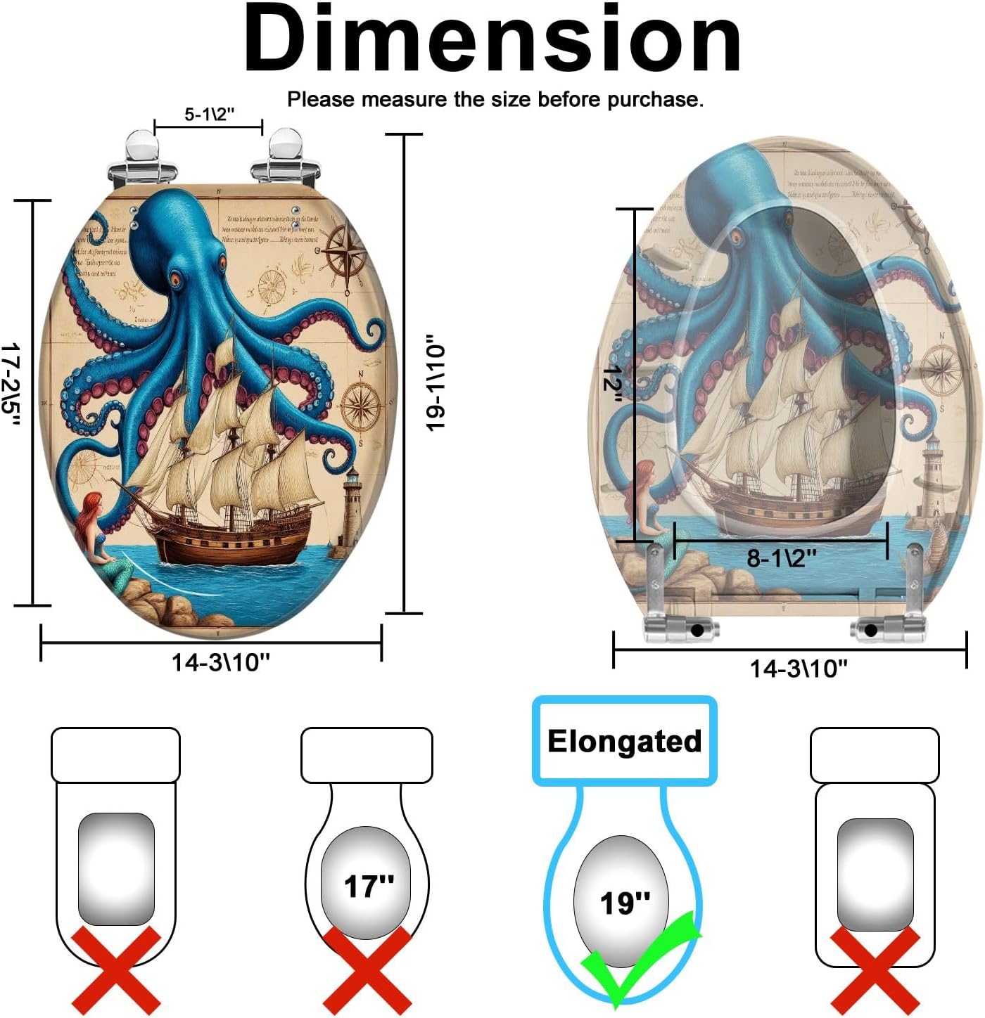 Elongated Toilet Seat Vintage Nautical Octopus Costal Teal Navy Blue Mermaid Funny Ocean Slow Close Soft Close Strong Stainless Steel Hinges Resin Toilet Seat Replacement Bathroom Accessories