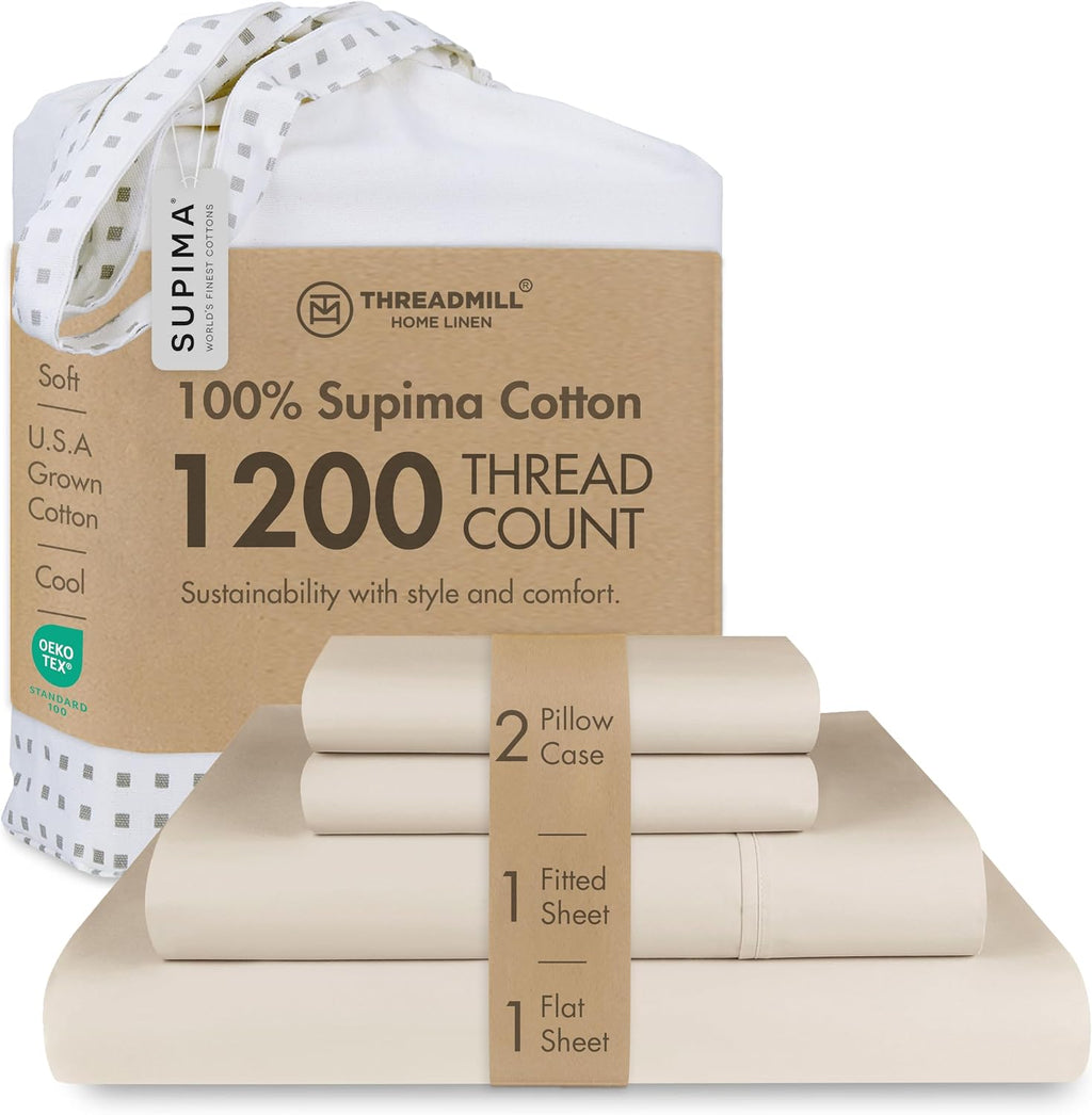 Threadmill Luxury Supima Cotton Sheets, Luxury 1200 Thread Count Soft 100% Cotton Sheets for Queen Size Bed, 4 Pc Beige Bed Sheets Queen Set, 5-Star Hotel Quality Deep Pocket Bed Sheets Set