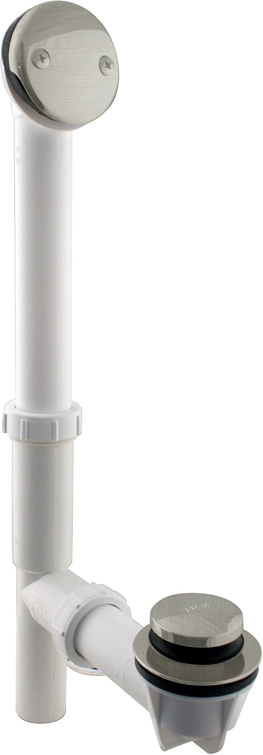 Westbrass A593244-07 14' x 1-1/2' White Tubular Bathtub Waste & Overflow Assembly with Tip-Toe Drain Plug and 2-Hole Faceplate, Satin Nickel (Pack of 12)