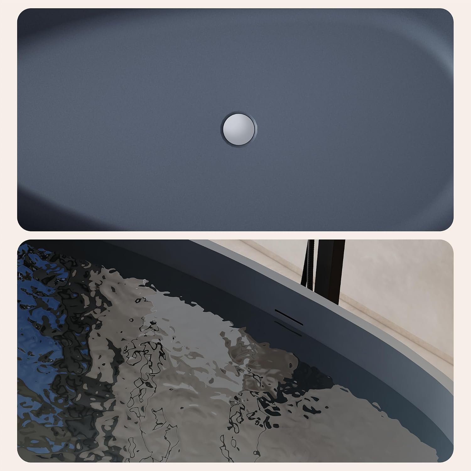 67 Inch Solid Surface Free Standing Tub Oval Stone Resin Soaking Tub Featuring Unique Style of Cement Color, 14.37 Inches Soaking Depth, 75.82 Gallons Water Capacity