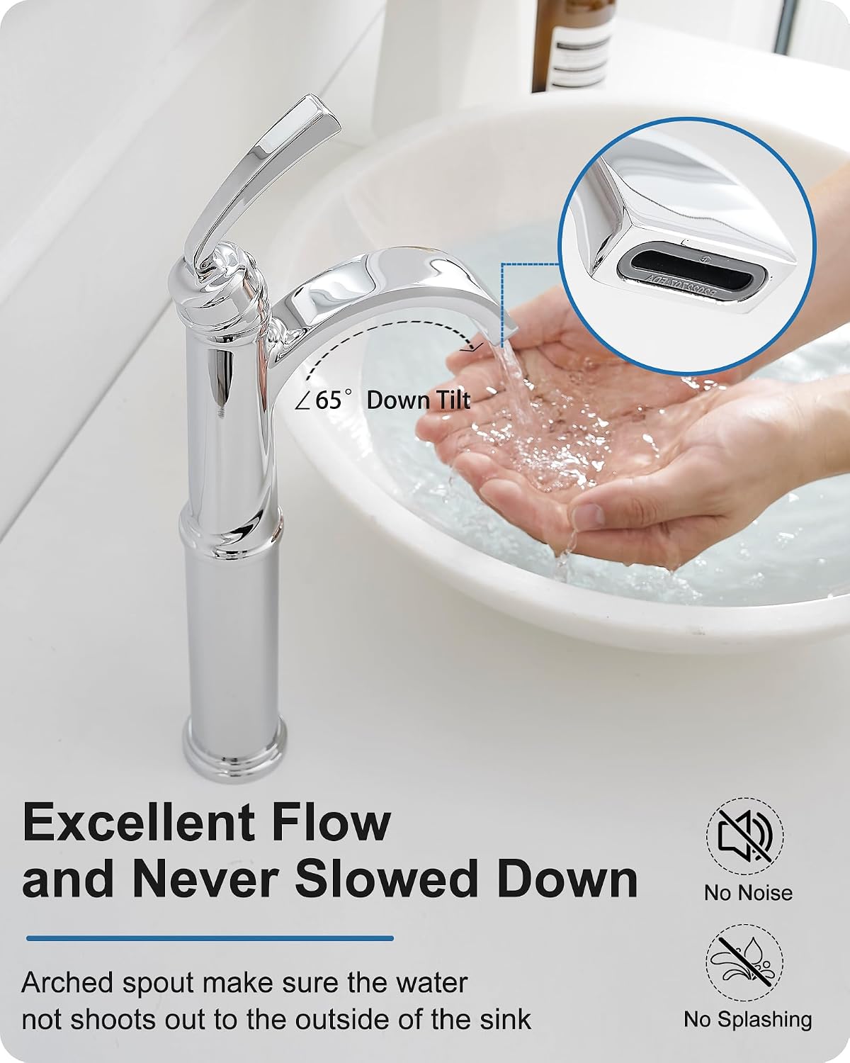 Waterfall Vessel Faucet, Bathtub Faucet Set High Flow Brass Bath Tub Faucets, Tall Bathroom Faucet with Drain Supply Hose