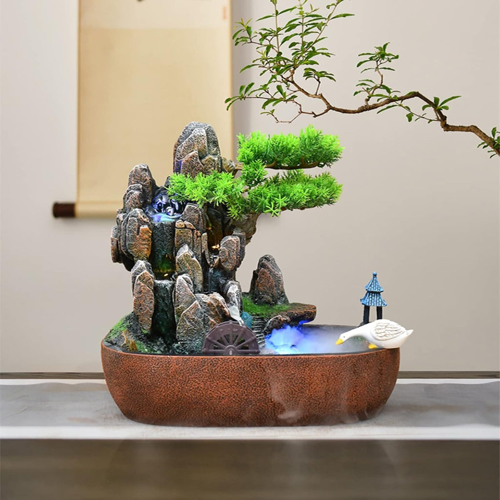 HIHELO Desktop Fountain Indoor Tabletop Fountain Resin Fountain Artificial Bonsai Trees and Stones Mountain Relaxing Waterfall Fountain Home Decoration Fountain Water Fountain Outdoor (Size : Small)