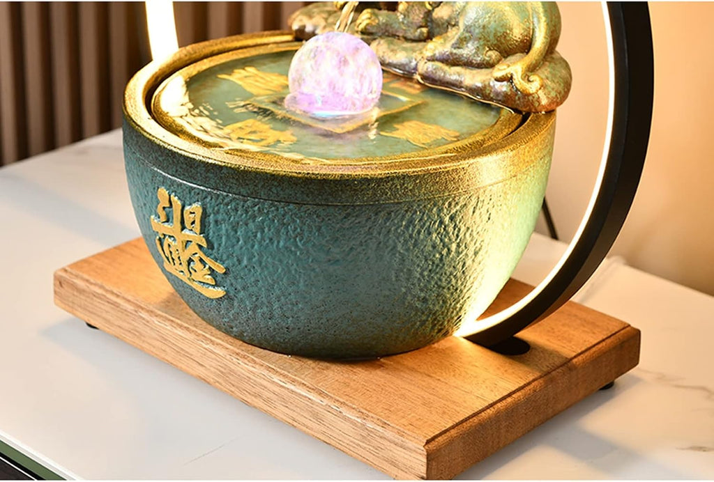 HIHELO Desktop Fountain Ceramic Tabletop Fountain with Wooden Base and LED Light Indoor Feng Shui Water Feature Office Home Decor Night Light Water Fountain Outdoor