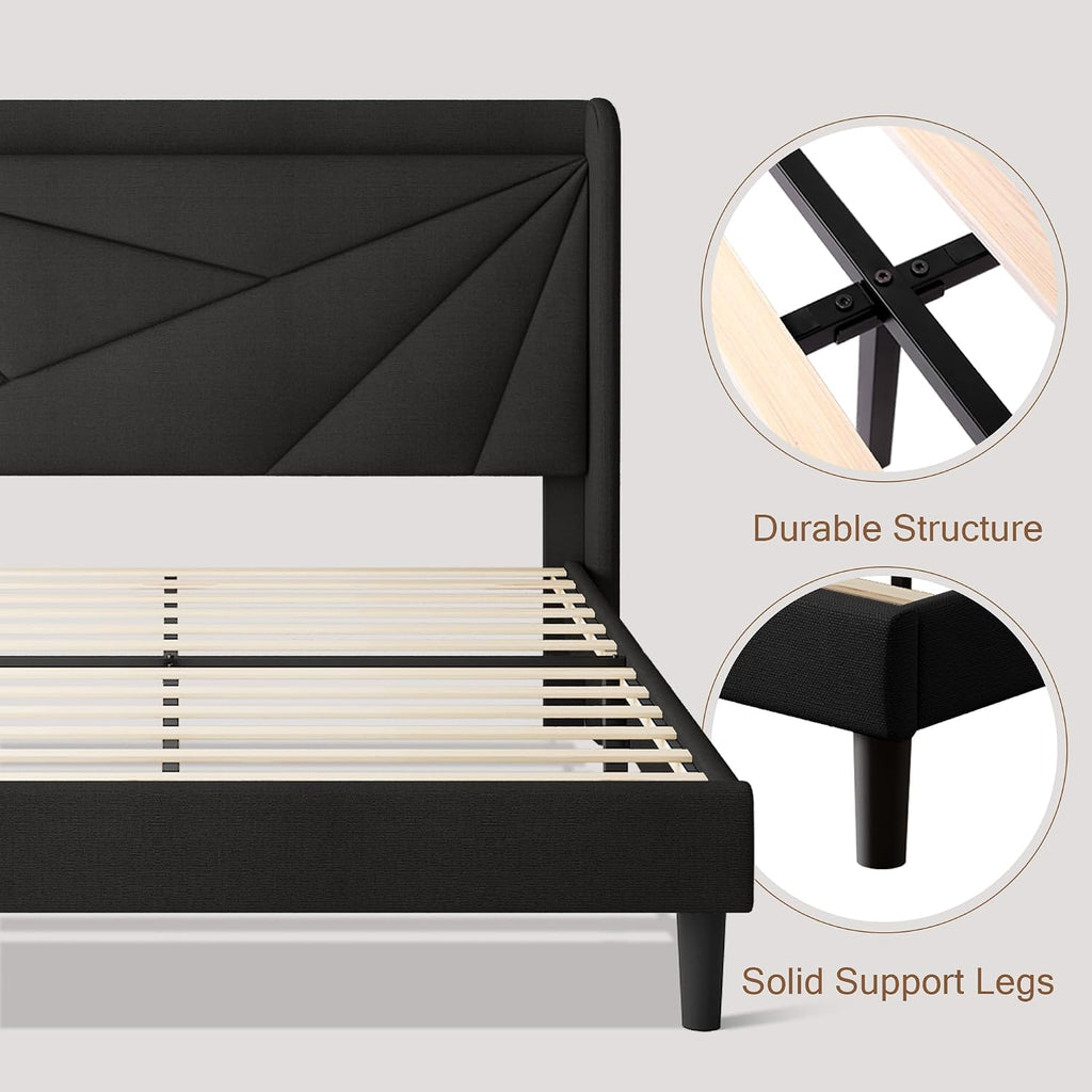 Einhomn Queen Size Upholstered Bed Frame with Charging Station, Platform Bed Frame with Storage Headboard, Solid Wood Slats Support, No Box Spring Needed, Black