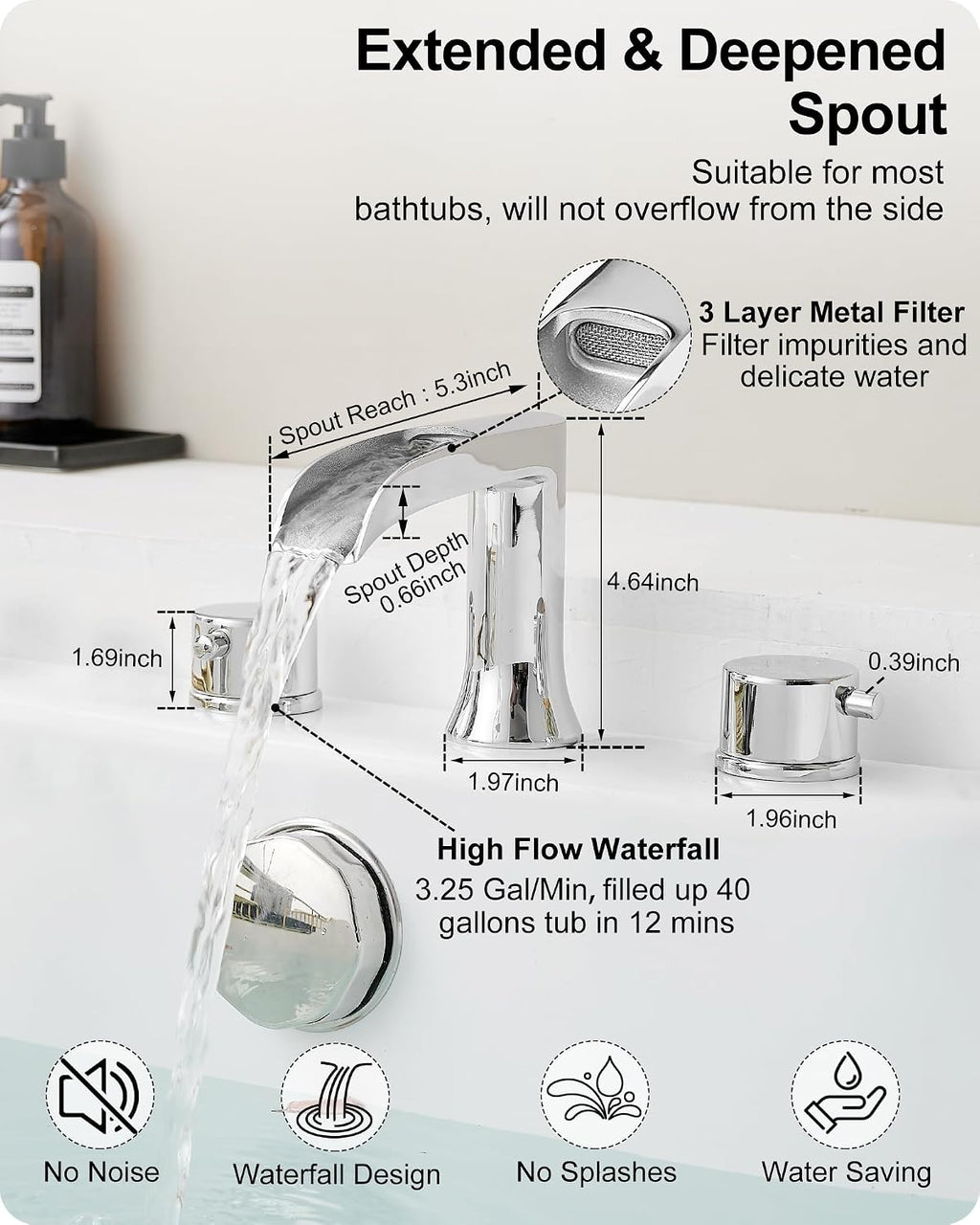 Waterfall Vessel Faucet, Bathtub Faucet Set High Flow Brass Bath Tub Faucets, Tall Bathroom Faucet with Drain Supply Hose