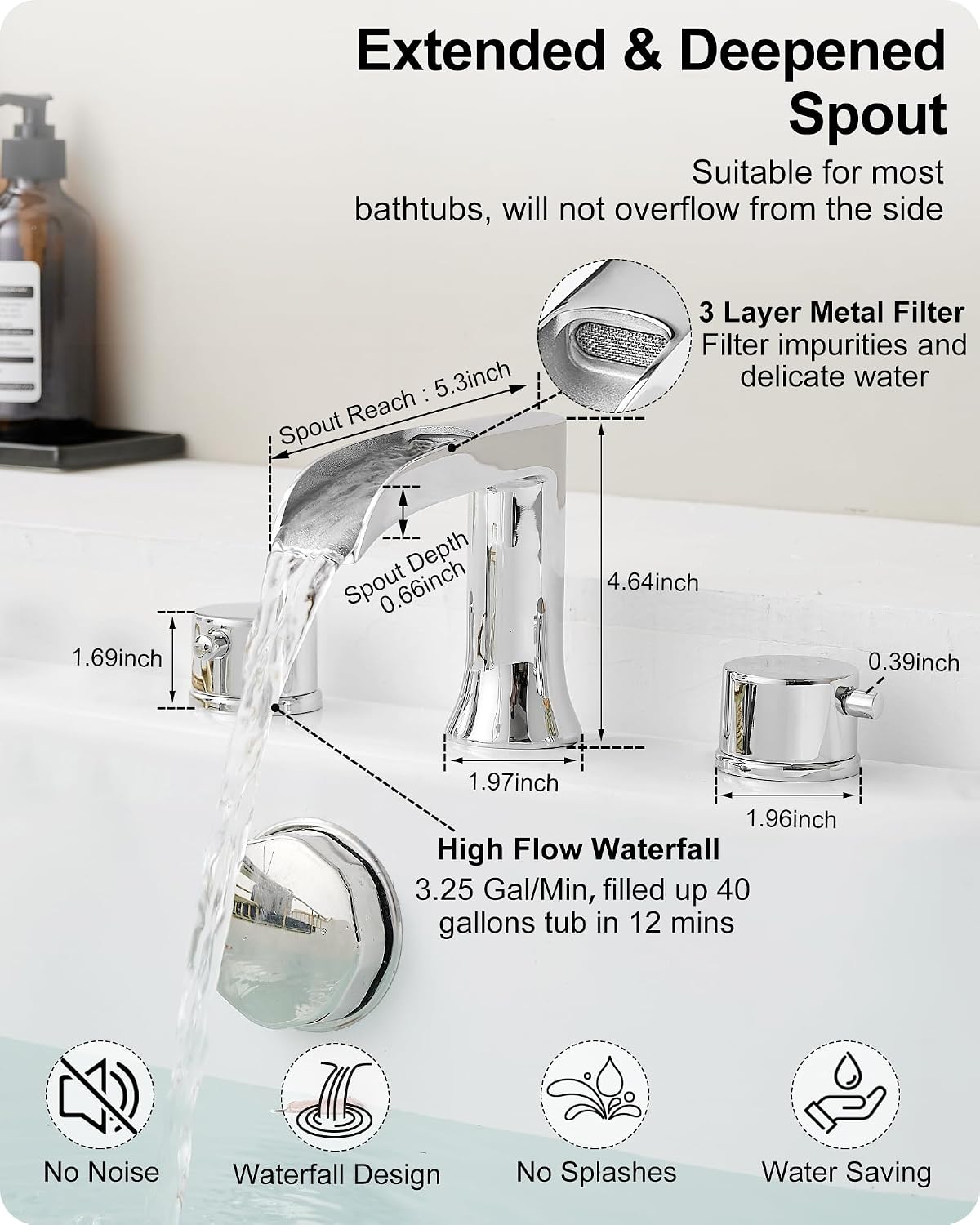 Waterfall Vessel Faucet, Bathtub Faucet Set High Flow Brass Bath Tub Faucets, Tall Bathroom Faucet with Drain Supply Hose