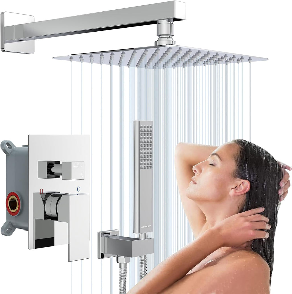 EMBATHER Shower System,10 Inch High Pressure Wall Mounted Square Shower Faucet Set Complete With Handheld And Valve,Chrome Polished
