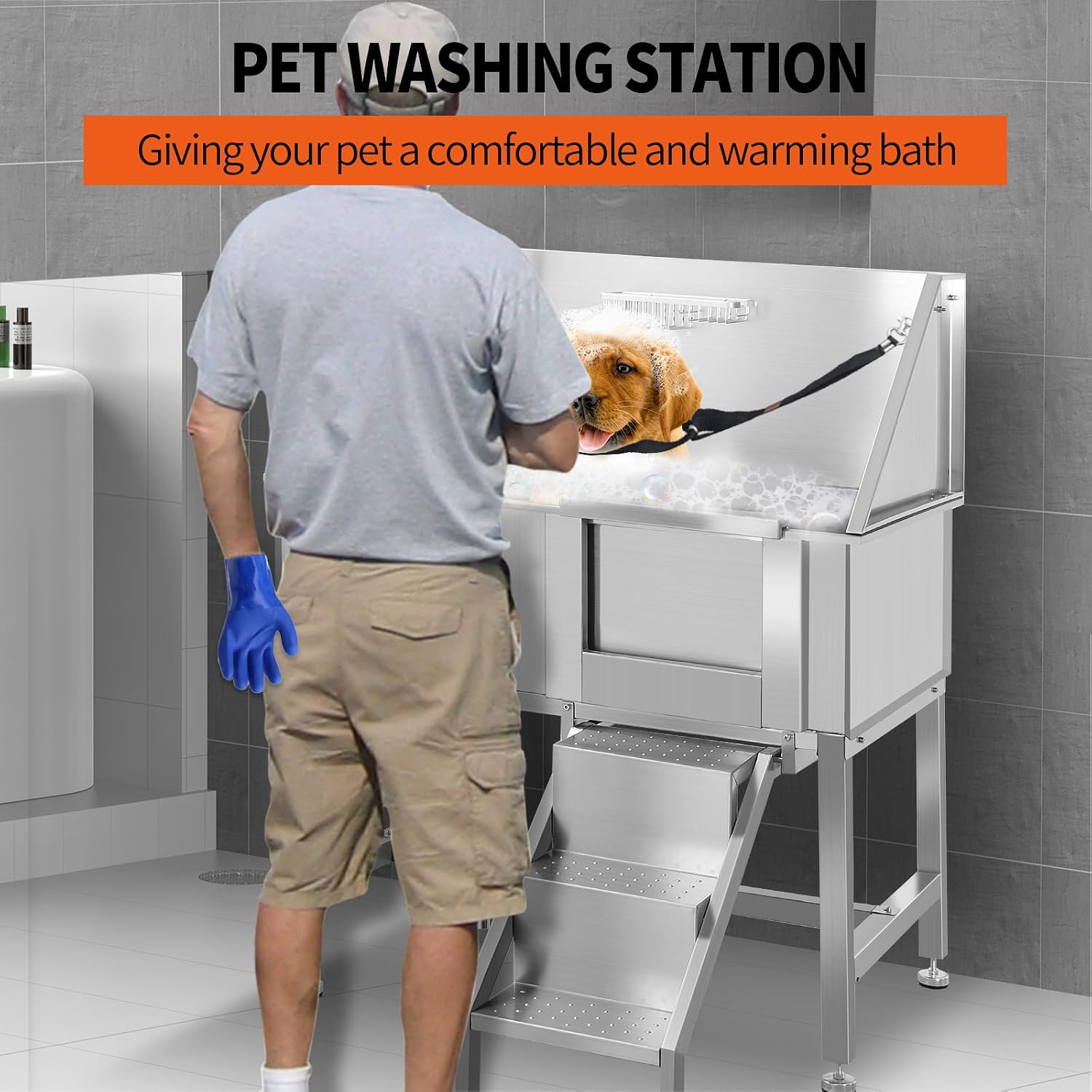 Dog Grooming Tub, 38' L Pet Wash Station, Professional Stainless Steel Pet Grooming Tub with Ramp, Faucet, Sprayer, and Drain Kit,R-Door