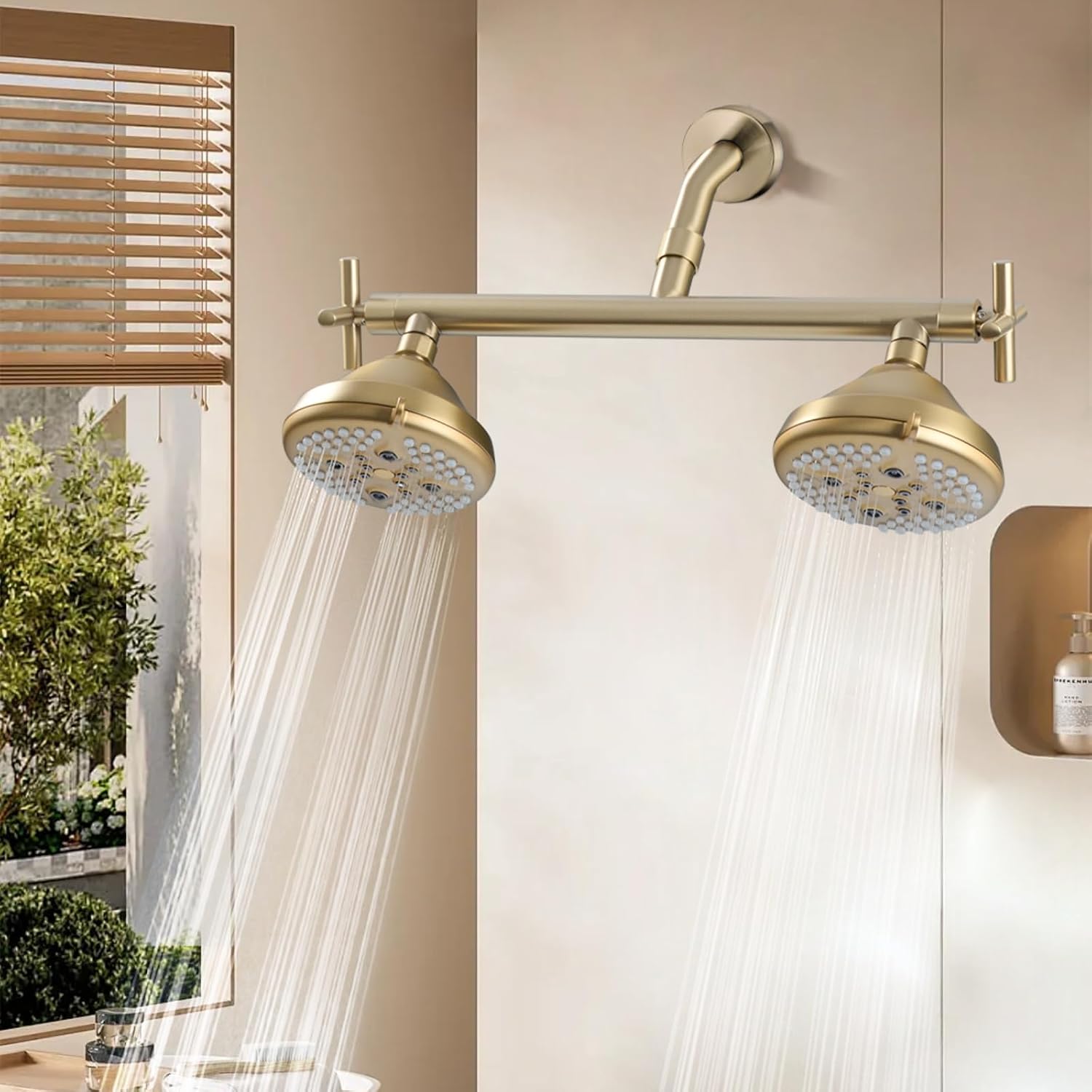Double Shower Head with Manifold Shut-Off Valve,4 Function 2 Shower Sprayers For Couples Shower,High Pressure Dual Shower Heads Combo Set,Brushed Gold,AG1MG