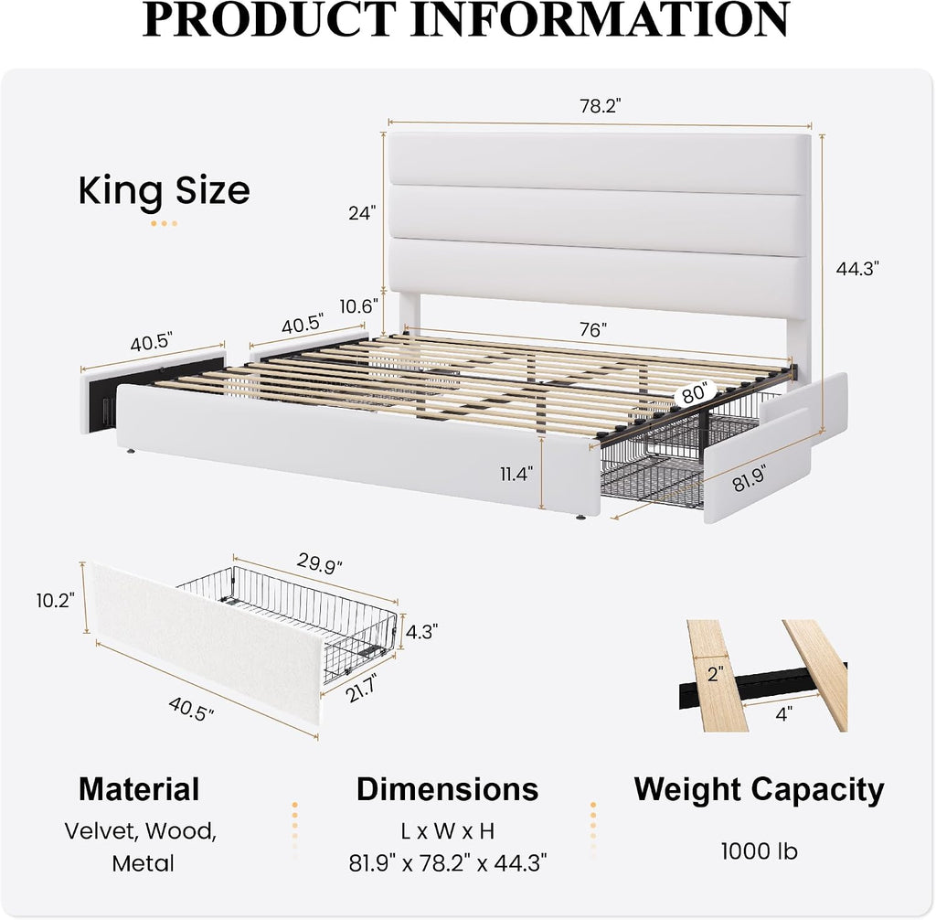 SHA CERLIN King Size Platform Bed Frame with 4 Storage Drawers, Velvet Upholstered Headboard, Mattress Foundation with Wooden Slats Support, No Box Spring Needed, Easy Assembly, White
