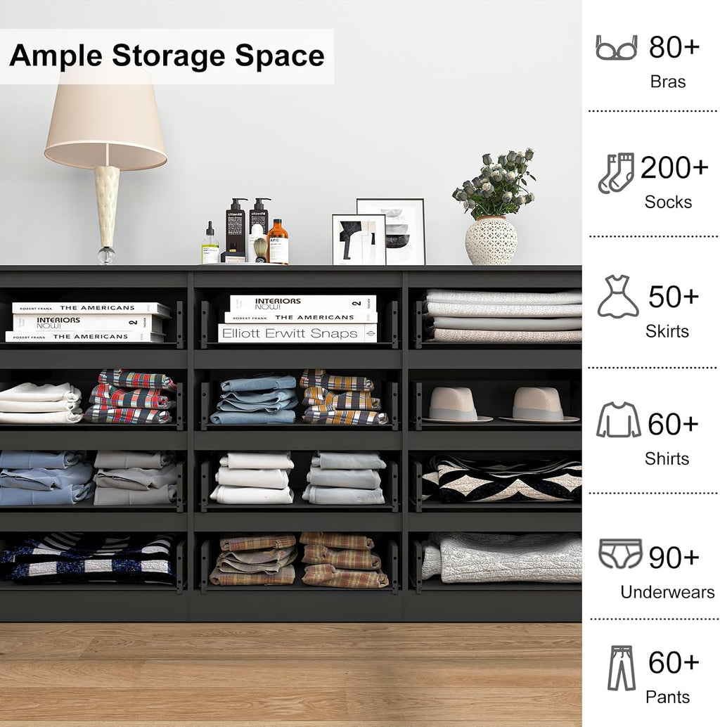 Vibe & Dine Black Dresser 12 Drawer, Modern Long Dresser for Bedroom, Wood Chest of Drawers with Wide Storage for Living Room
