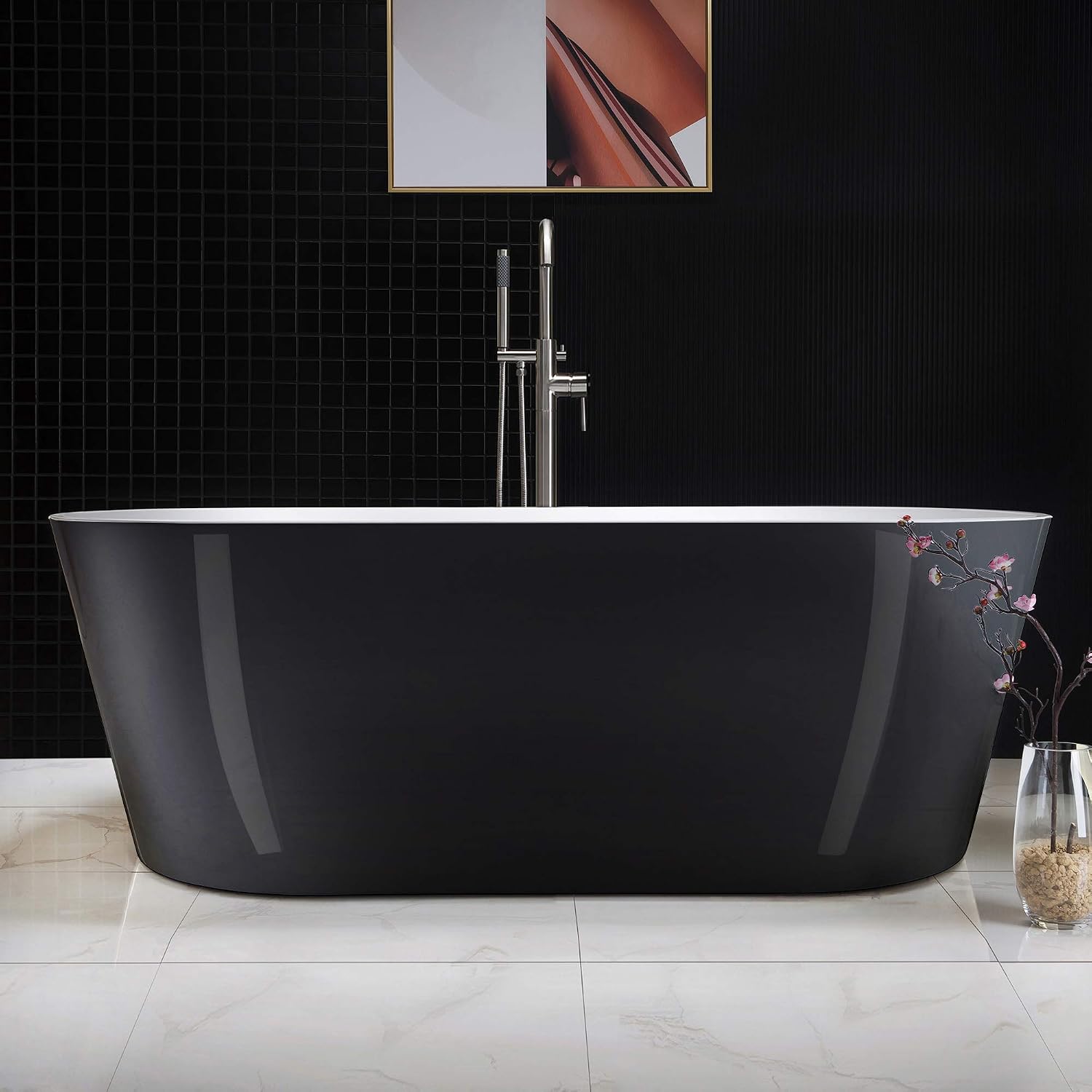 WOODBRIDGE 67' Acrylic Freestanding Bathtub Contemporary Soaking Tub, Black Acrylic (Brushed Nickel Drain/Overflow),B1813 Black -B/N-Drain &O