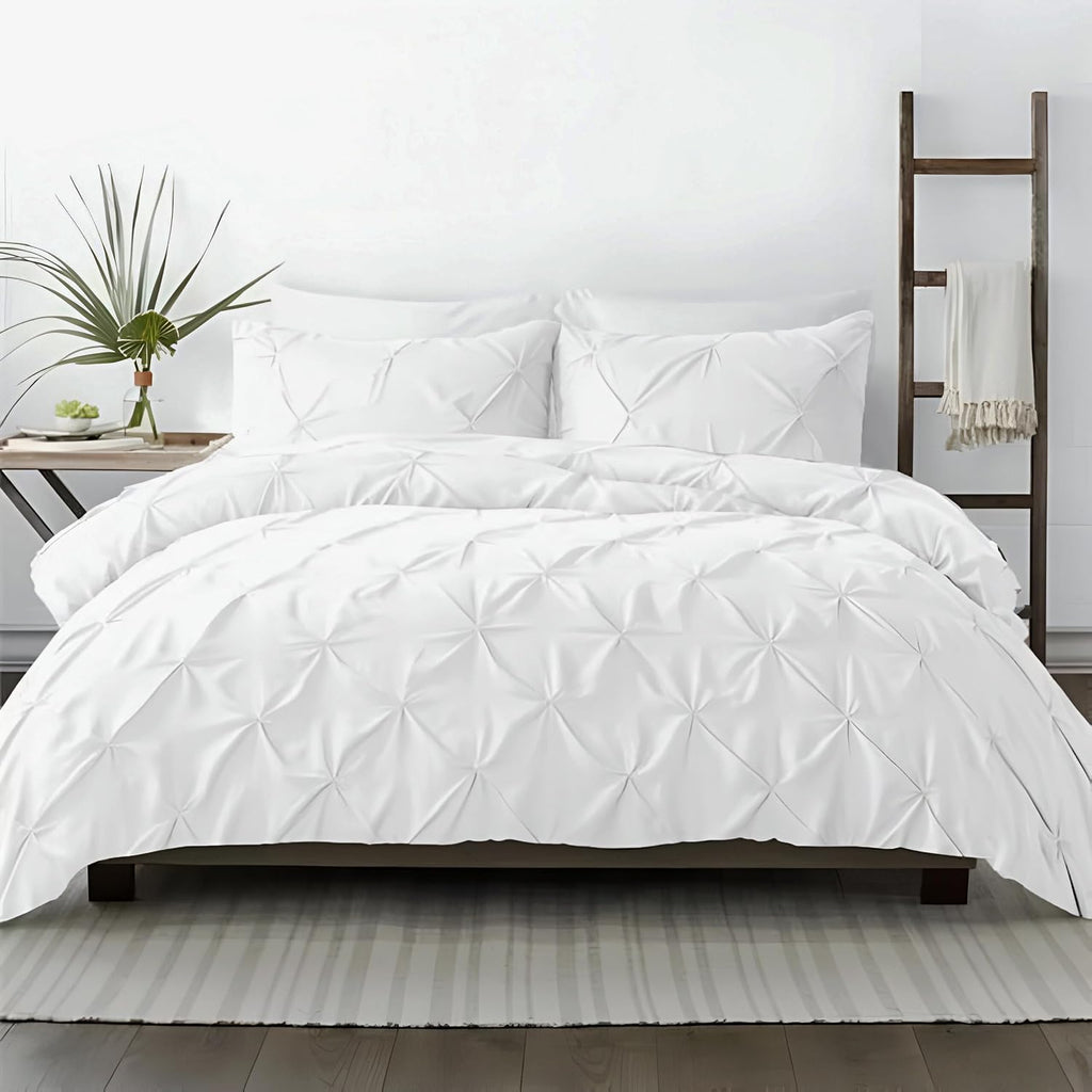 Kotton Culture 120'x 120' 3 Pc Super King Plus Pinch Pleated - Pintuck Duvet Cover Set - 100% Egyptian Cotton 600 TC - Zipper Closure & 7 Internal Ties- Fits Extra Large King Inserts - White