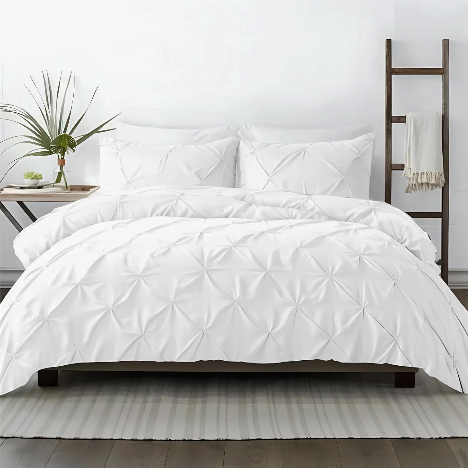 Kotton Culture 120'x 120' 3 Pc Super King Plus Pinch Pleated - Pintuck Duvet Cover Set - 100% Egyptian Cotton 600 TC - Zipper Closure & 7 Internal Ties- Fits Extra Large King Inserts - White