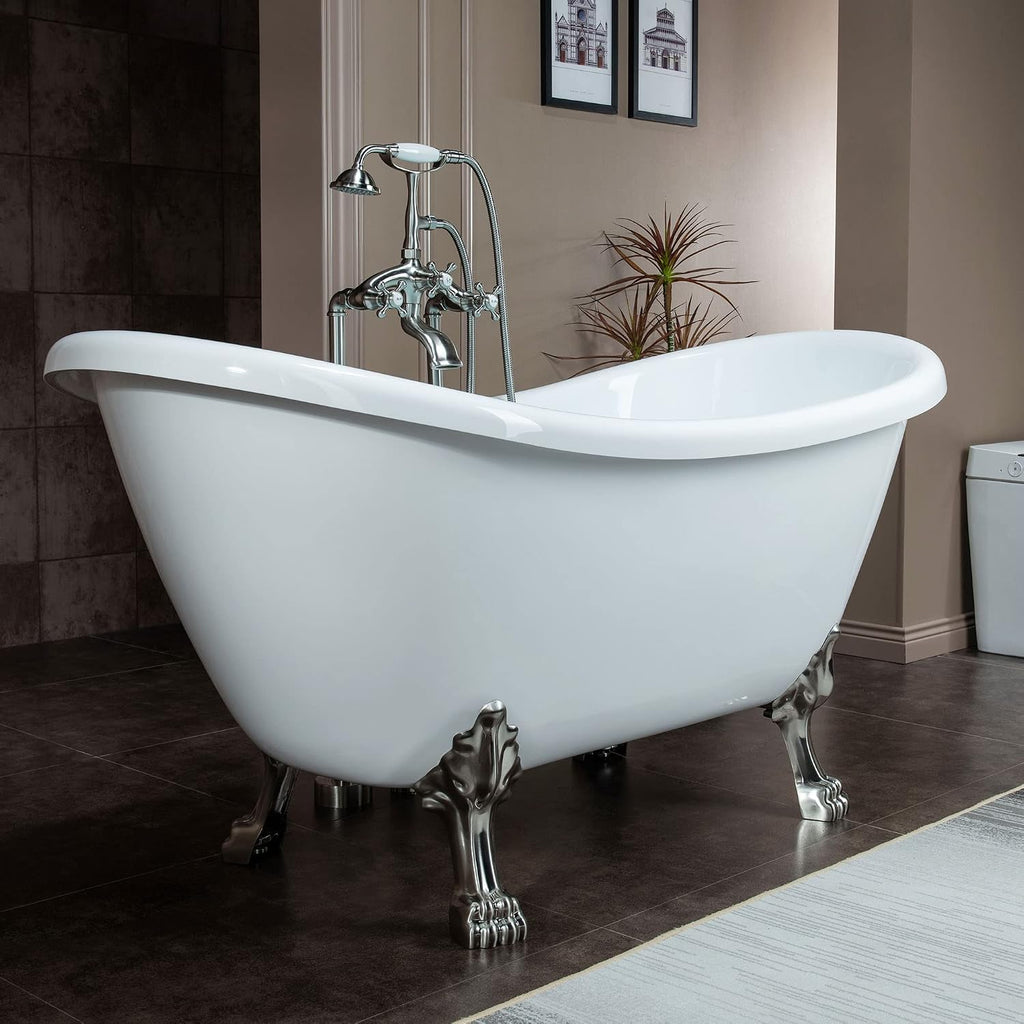 WOODBRIDGE All Inclusive Package 59' Heavy Duty Acrylic Double Slipper Clawfoot Bath Tub with Brushed Nickel Feet+B/N Drain &Overflow+B/N Faucet