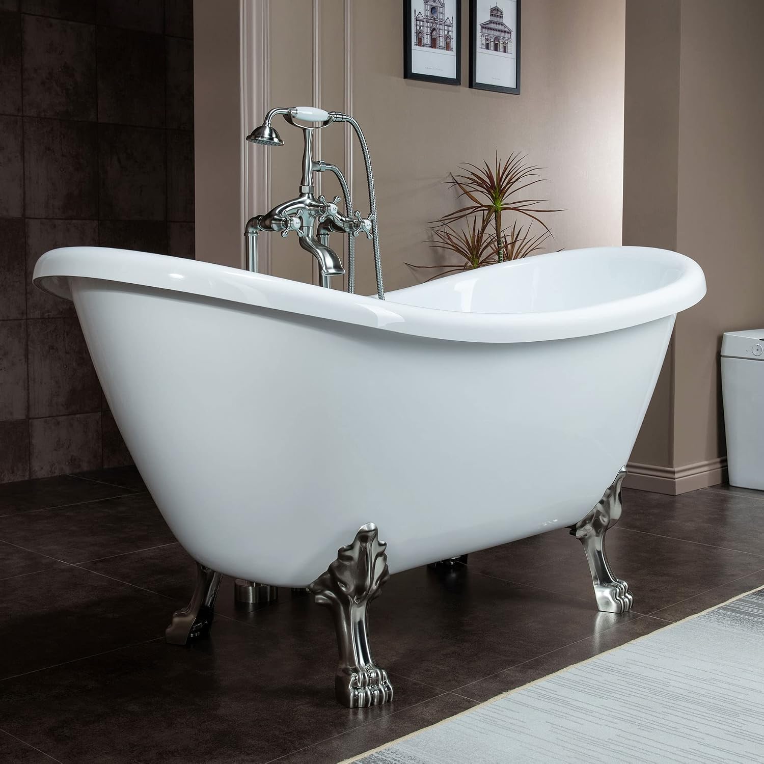 WOODBRIDGE All Inclusive Package 59' Heavy Duty Acrylic Double Slipper Clawfoot Bath Tub with Brushed Nickel Feet+B/N Drain &Overflow+B/N Faucet