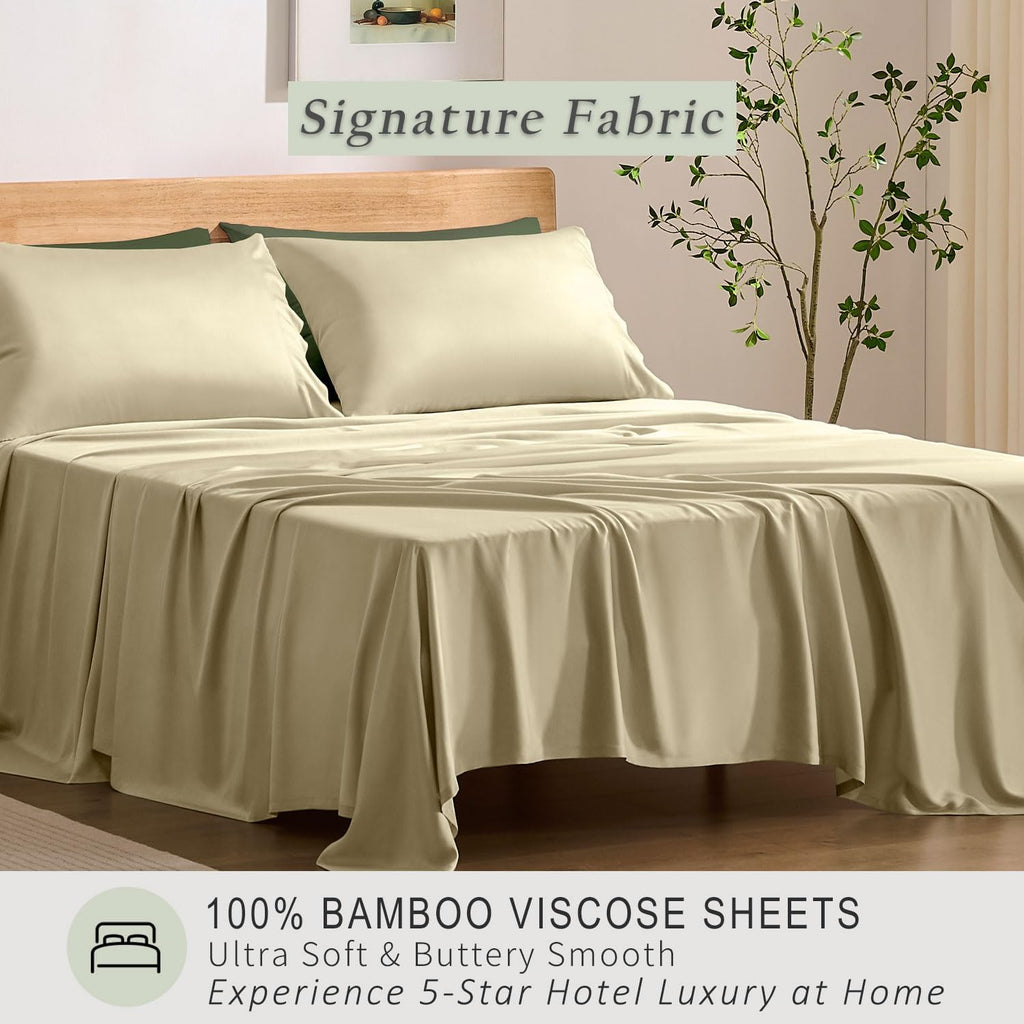 TOSMO Luxury Cooling Sheet Set | 100% Viscose from Organically Grown Bamboo | FSC® Certified | Queen Size | 18' Deep Pockets | Silky Soft Natural Bedding for Hot Sleeper [Dune]