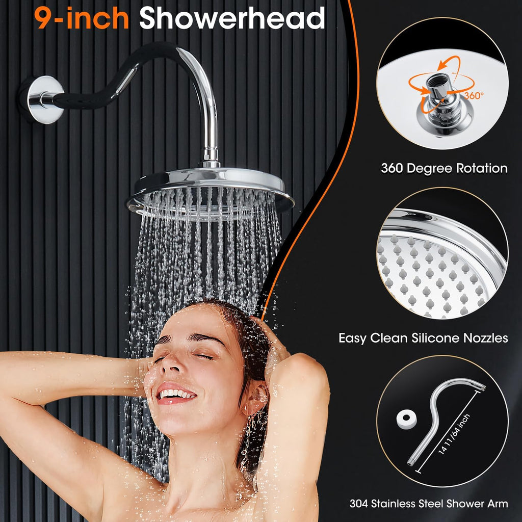 Shower System with Rain Shower Head, Handheld Spray, Rough-in Valve and Trim Kit 9 Inch Bathroom Luxury Rain Mixer Shower Complete Combo Set Wall Mounted High Pressure Shower Faucet Set Chrome