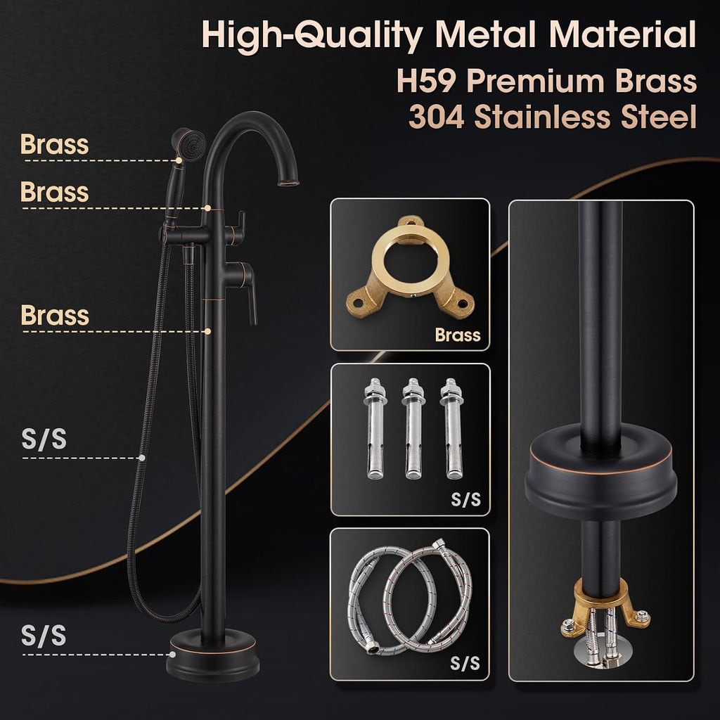 Freestanding Tub Faucets Bathroom Floor Mounted Waterfall Tub Filler Brass High Flow Swivel Spout&Hand Shower Oil Rubbed Bronze