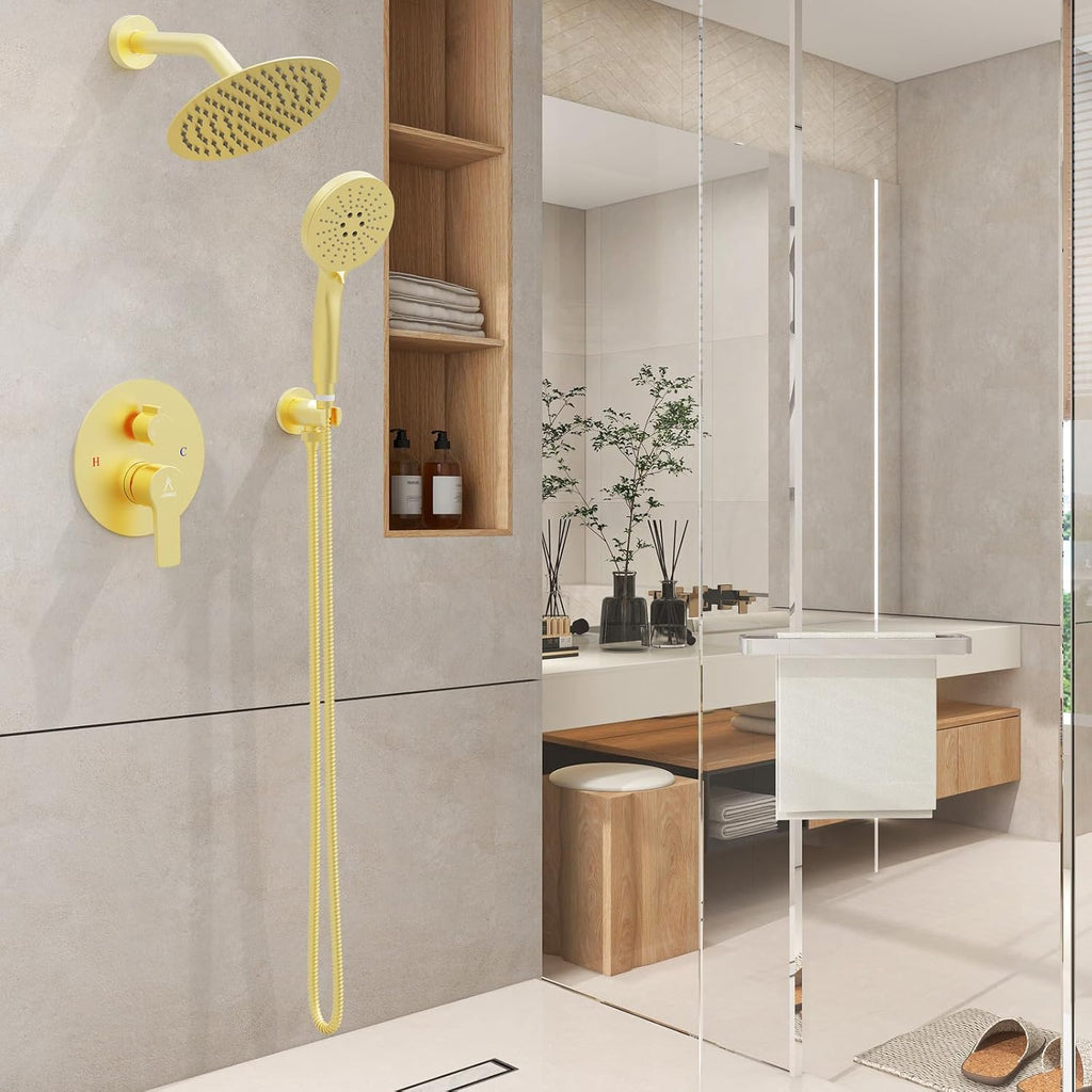 Shower Faucet Set Brass 8IN Rough-In Valve Body Trim Kit Rainfall Included Handle Accessories Complete 2 Functions with Rain Head and Handheld Bathroom Systems (8'', Brushed Gold)