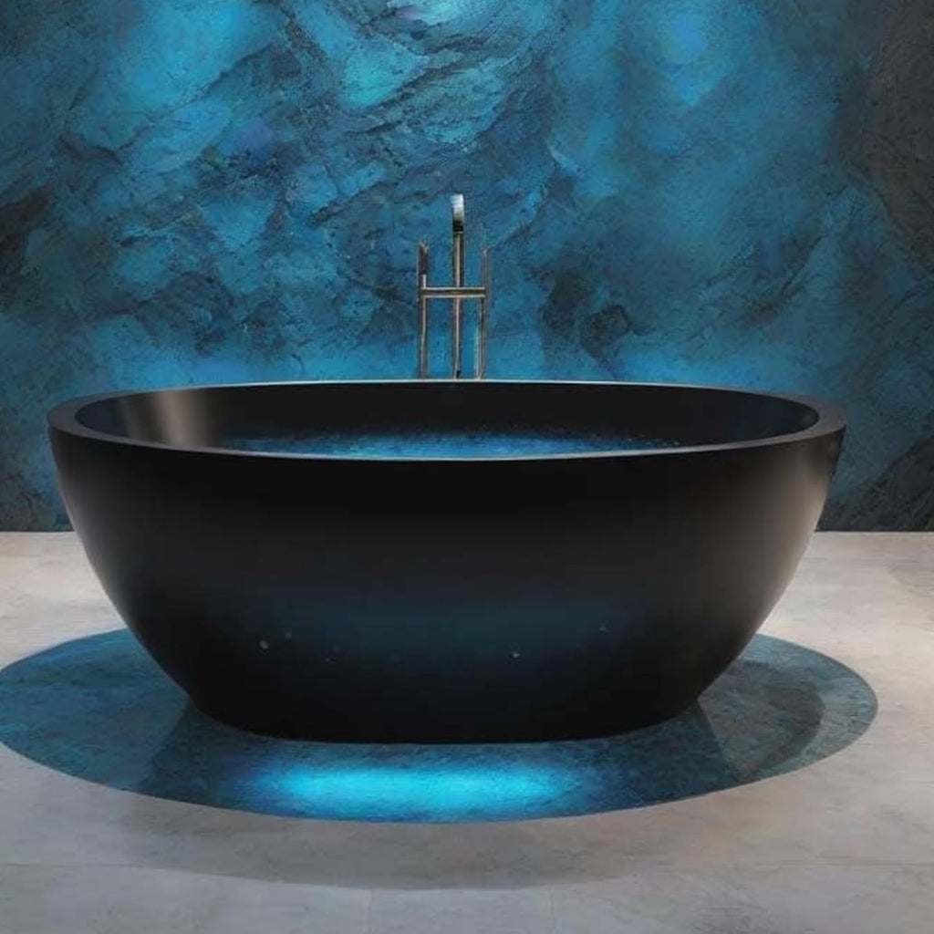 55'' Resin Stone Freestanding Bathtub, Matte Black Soaking Tub Solid Surface Modern Tubs with Overflow and Pop-up Drain in