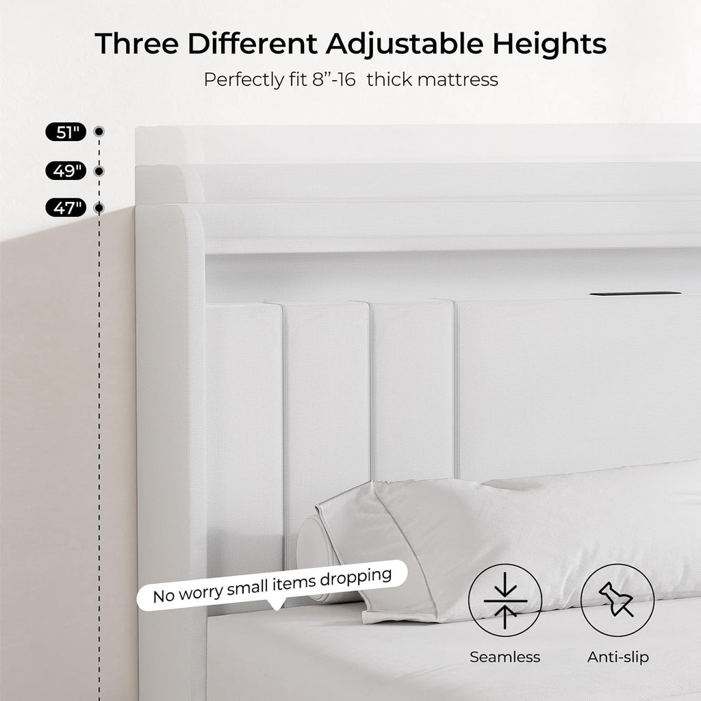 koorlian King Size Bed Frame with Storage, 51'' Tall Headboard Upholstered Platform Bed with 4 Dustproof Drawers, 2-Tier Storage Headboard Wingback, LED Light, Charging Station, Easy Assembly, White