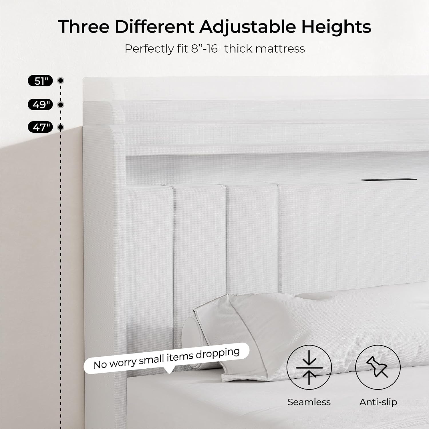 koorlian King Size Bed Frame with Storage, 51'' Tall Headboard Upholstered Platform Bed with 4 Dustproof Drawers, 2-Tier Storage Headboard Wingback, LED Light, Charging Station, Easy Assembly, White