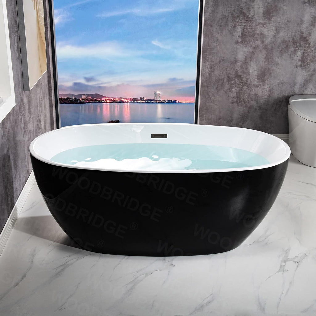 WOODBRIDGE 59' Acrylic Freestanding Bathtub Contemporary Soaking Black Tub with Matte Black Overflow and Drain,Black,B1818 MB