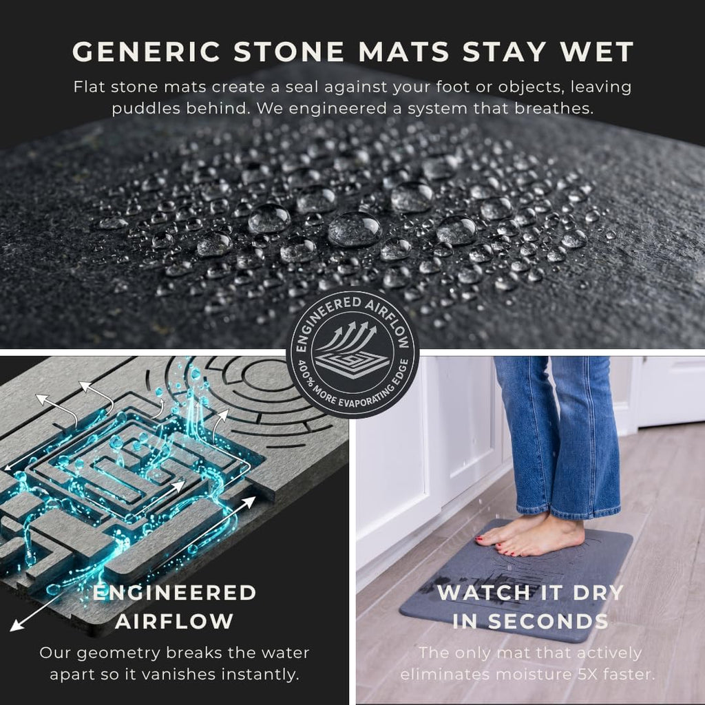5X Faster Drying - Premium Stone Bath Mat Set - Engineered Design – Diatomaceous Earth Bathroom Mat & Stone Drying Mat for Kitchen Counter – Non Slip, Engraved Airflow – Serenity Ash 2Pc