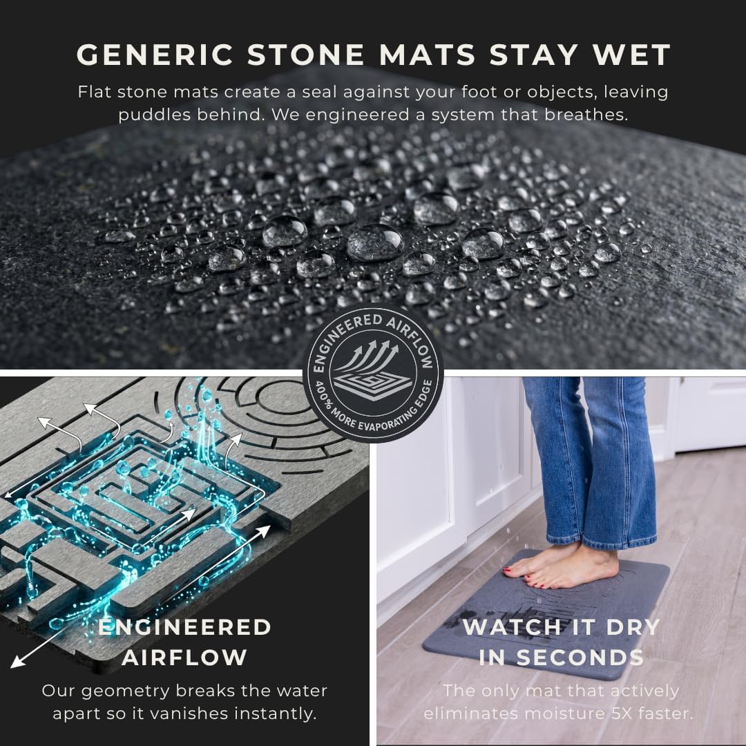 5X Faster Drying - Premium Stone Bath Mat Set - Engineered Design – Diatomaceous Earth Bathroom Mat & Stone Drying Mat for Kitchen Counter – Non Slip, Engraved Airflow – Serenity Ash 2Pc